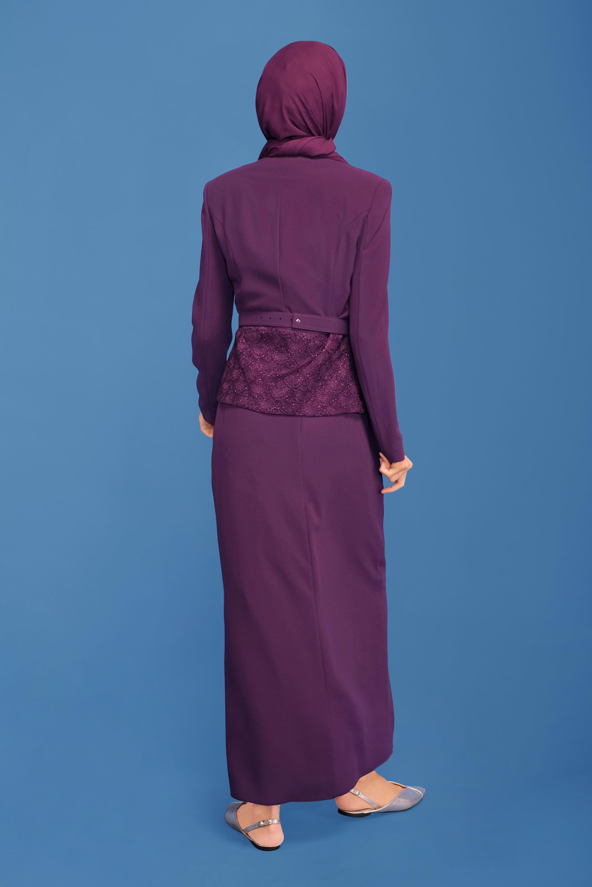 Vêtements hijab POURPRE COSTUME JUPE 3 PIÈCES AVEC CEINTURE GUIPUÉE 30043