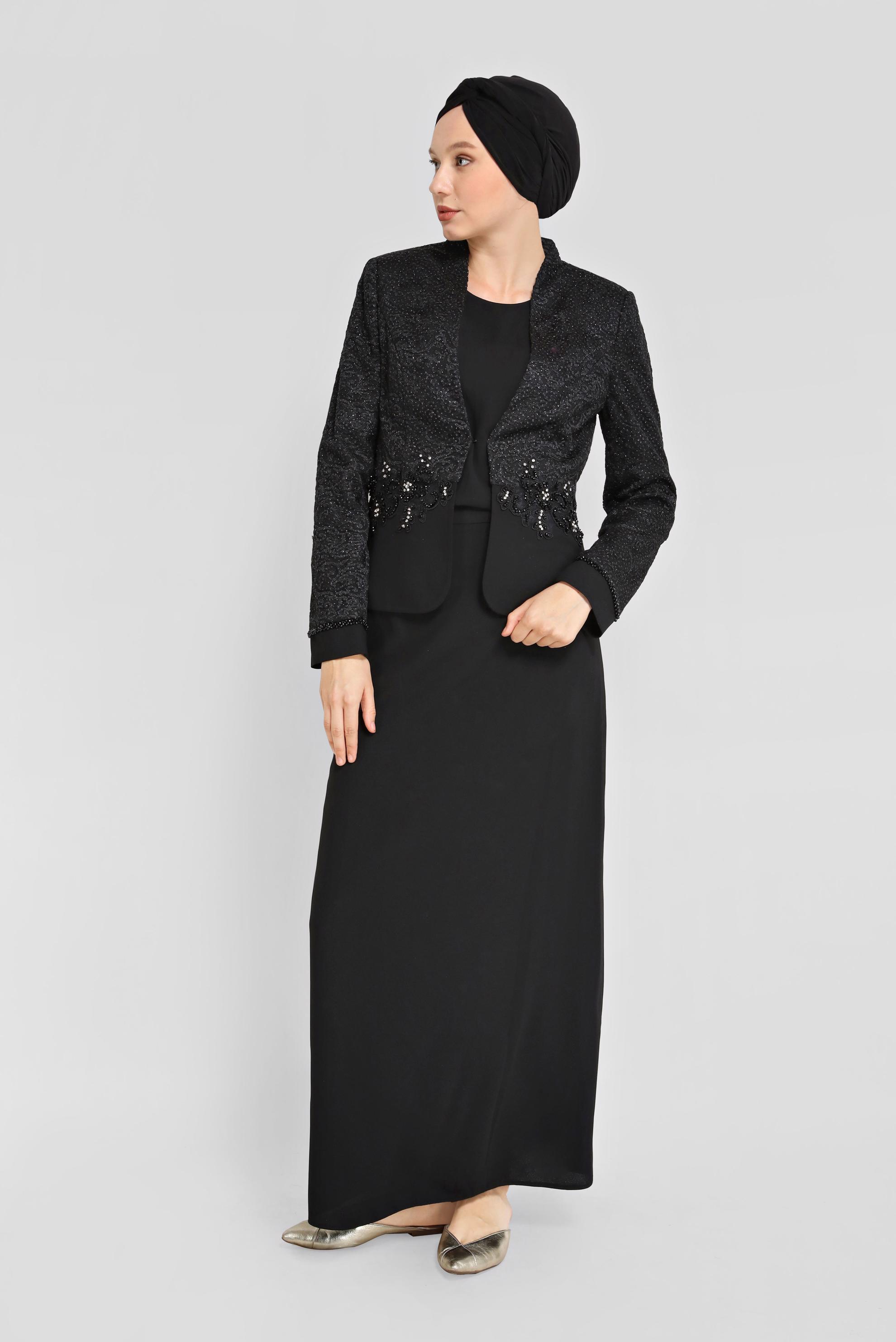 Vêtements hijab NOIR COSTUME 3 PIÈCES AVEC JUPE EN DENTELLE BRODÉE DE PERLES 30048