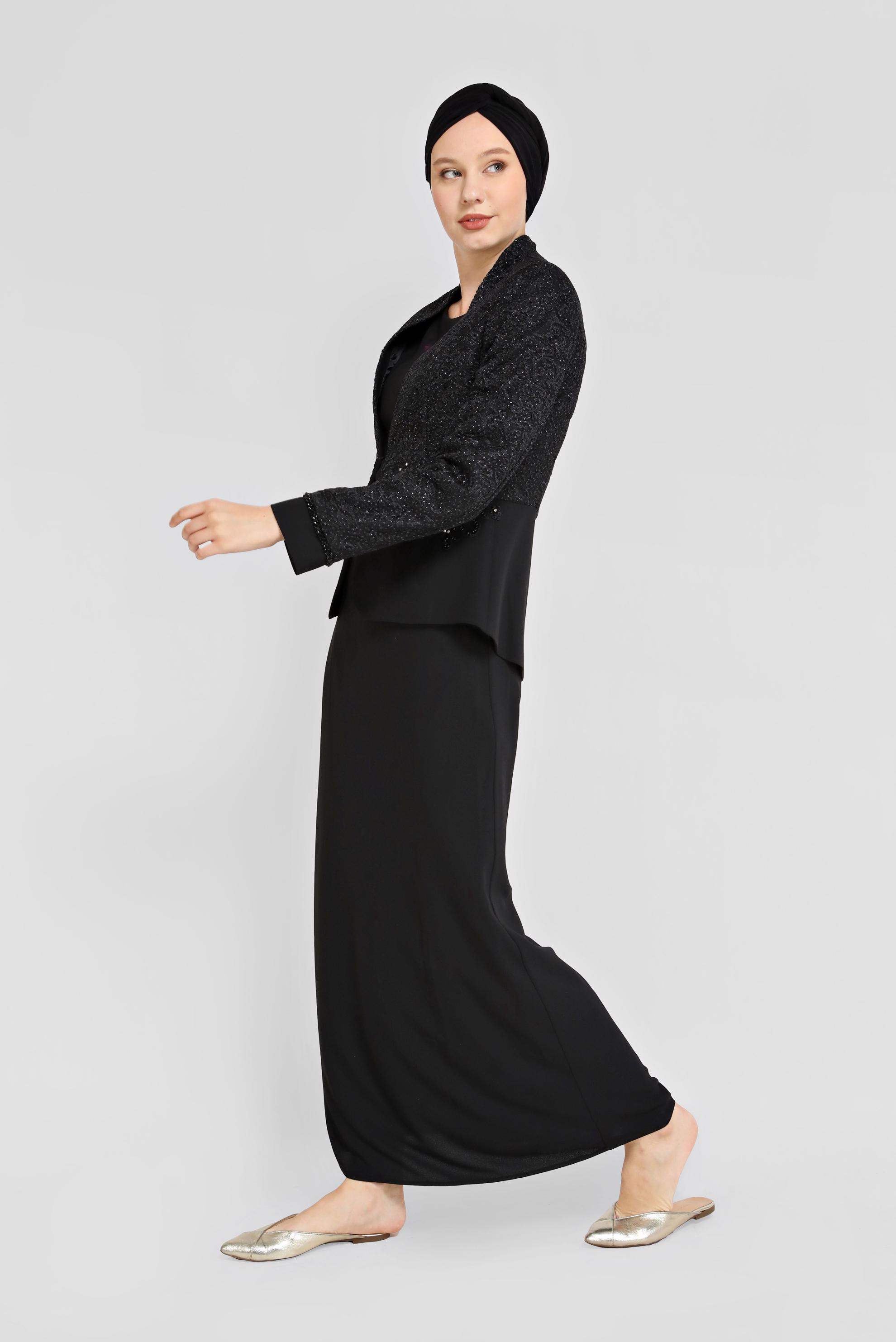 Vêtements hijab NOIR COSTUME 3 PIÈCES AVEC JUPE EN DENTELLE BRODÉE DE PERLES 30048