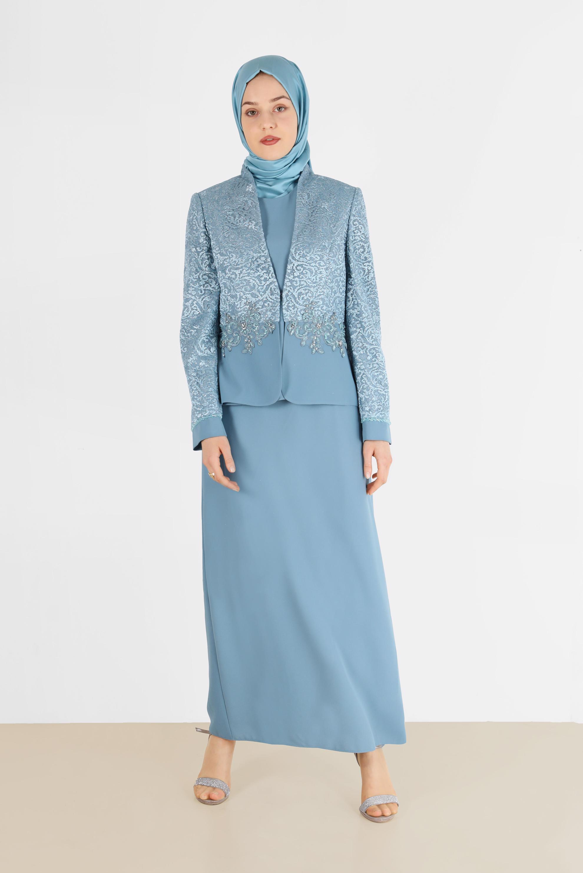 Vêtements hijab BLEU COSTUME 3 PIÈCES AVEC JUPE EN DENTELLE BRODÉE DE PERLES 30048