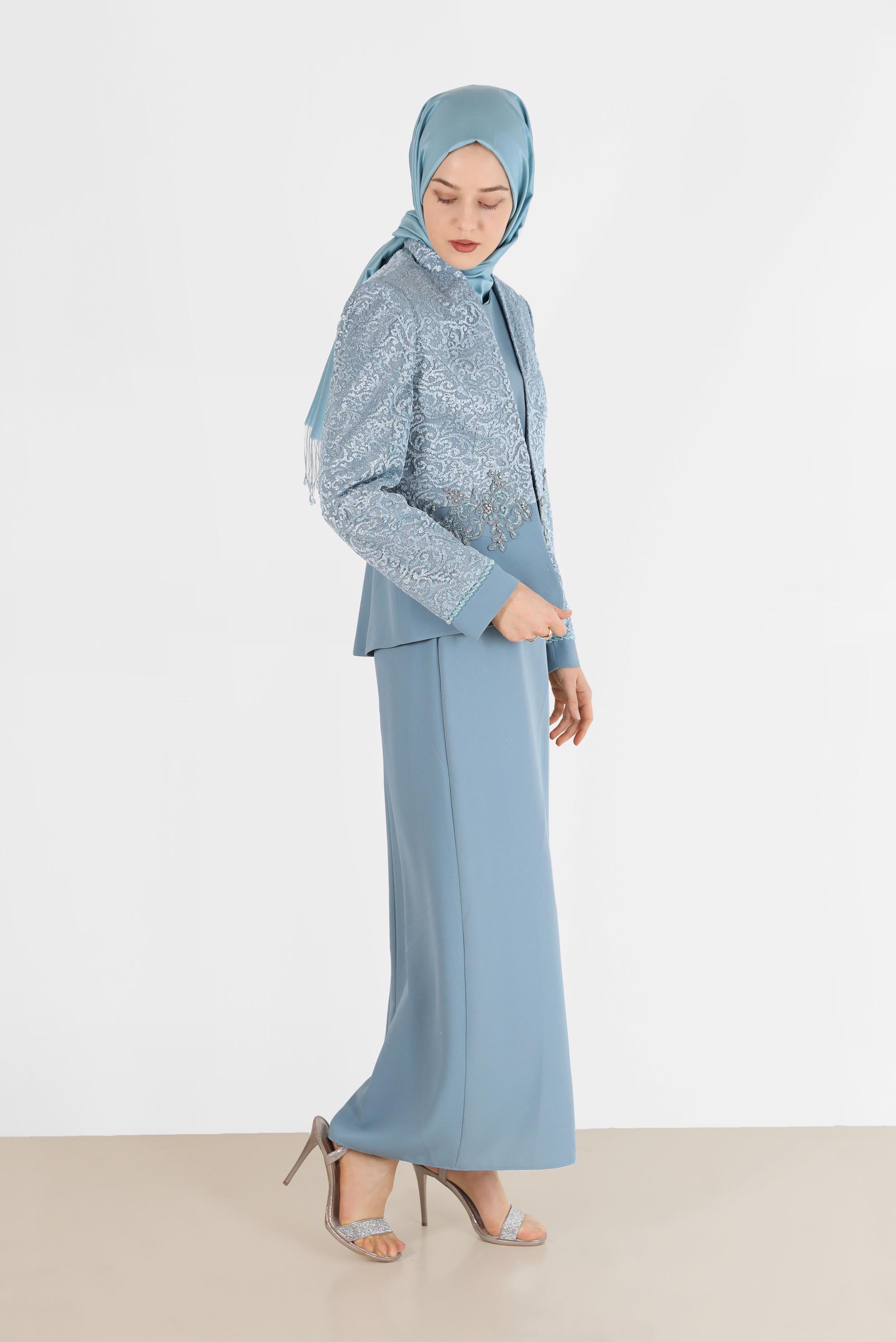 Vêtements hijab BLEU COSTUME 3 PIÈCES AVEC JUPE EN DENTELLE BRODÉE DE PERLES 30048