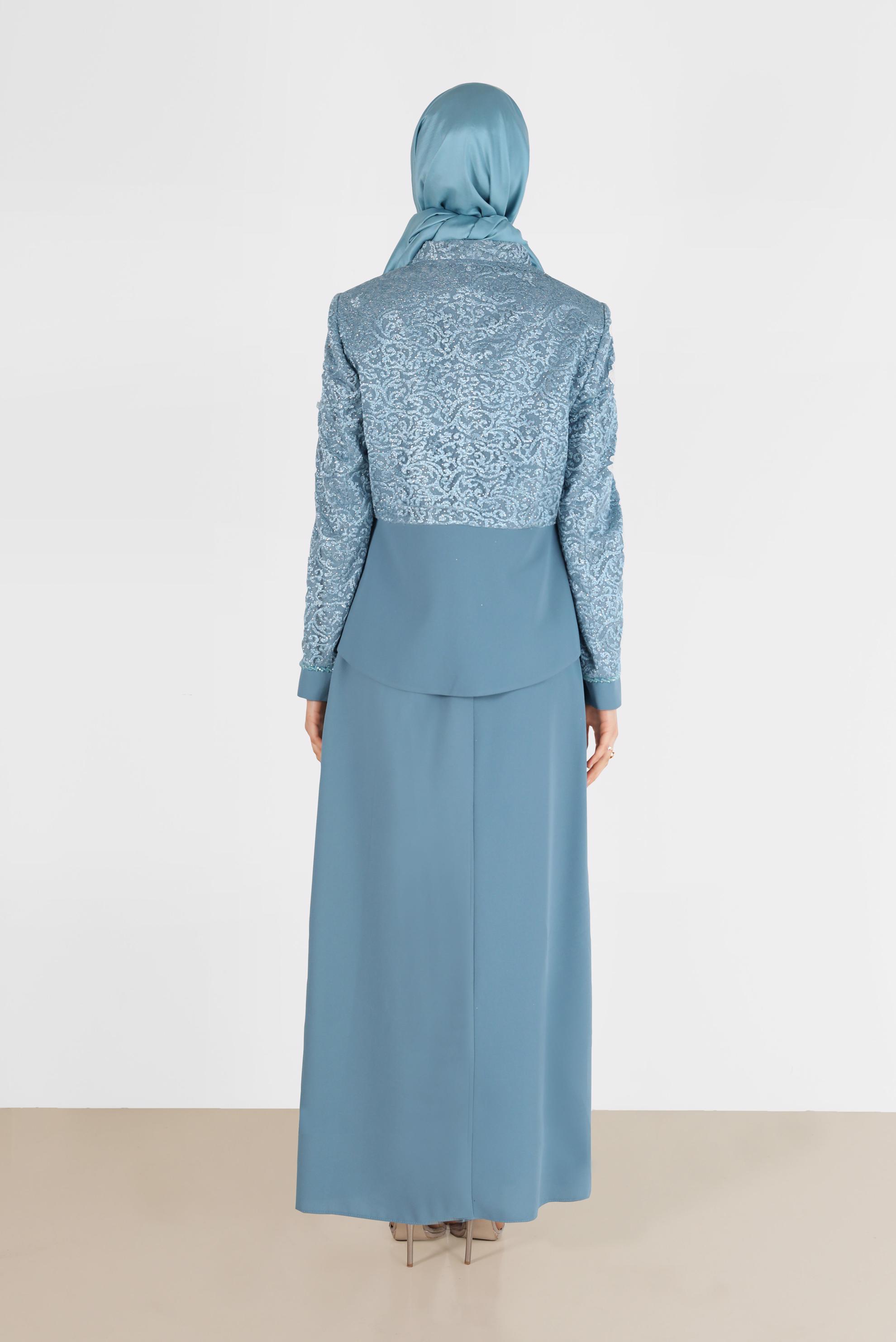 Vêtements hijab BLEU COSTUME 3 PIÈCES AVEC JUPE EN DENTELLE BRODÉE DE PERLES 30048
