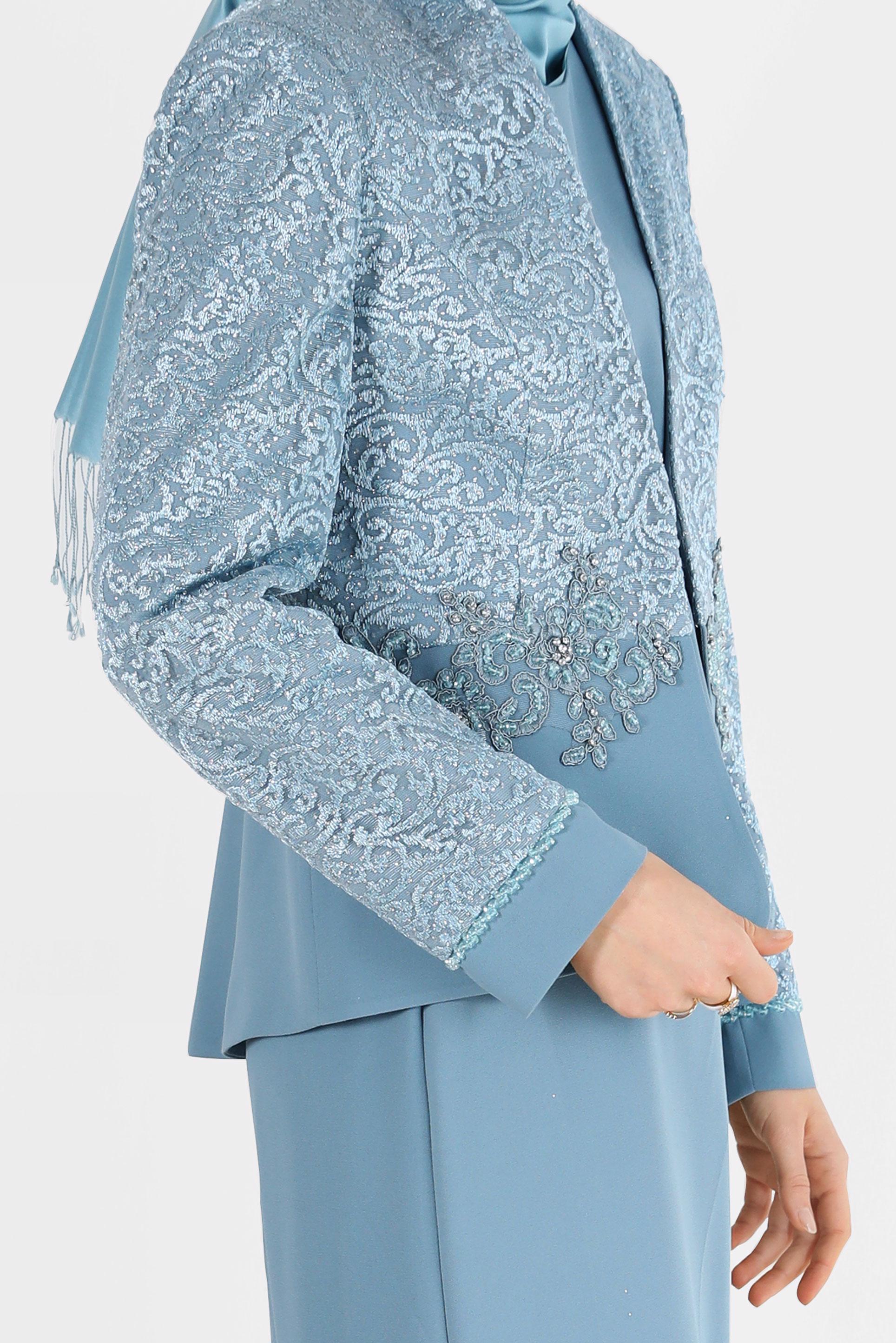 Vêtements hijab BLEU COSTUME 3 PIÈCES AVEC JUPE EN DENTELLE BRODÉE DE PERLES 30048
