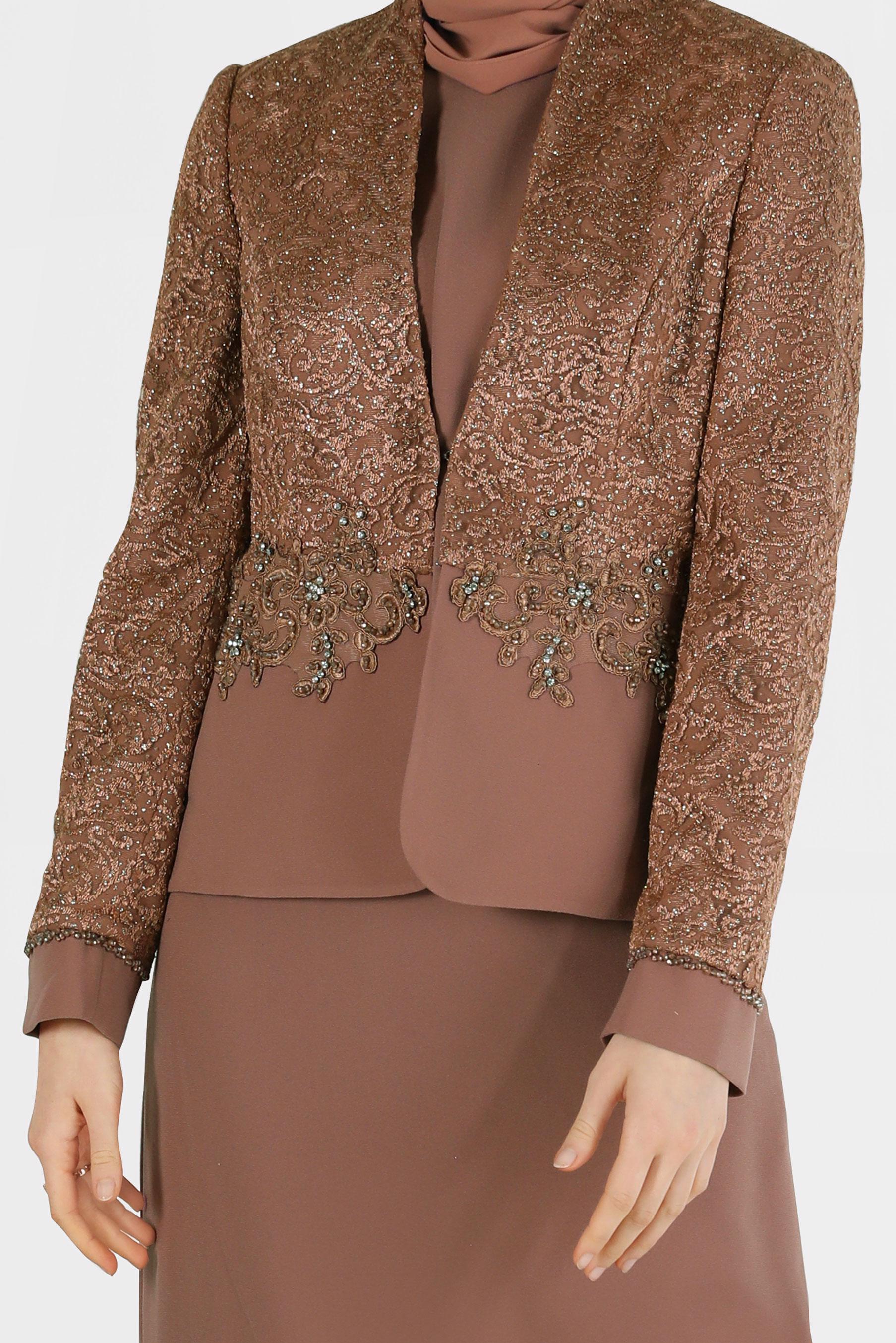 Hijab clothing BROWN BEAD EMBROIDERED LACE 3-PIECE SUIT WITH SKIRT 30048 