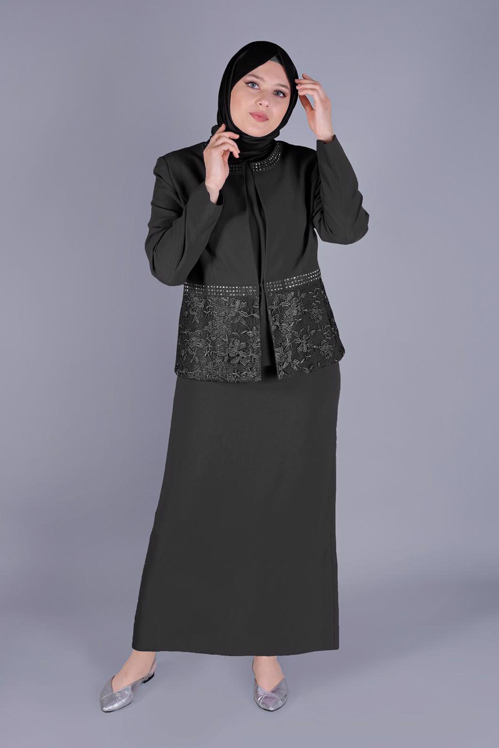 Hijab clothing BLACK LACE DETAILED 3 SKIRT SUIT 30056
