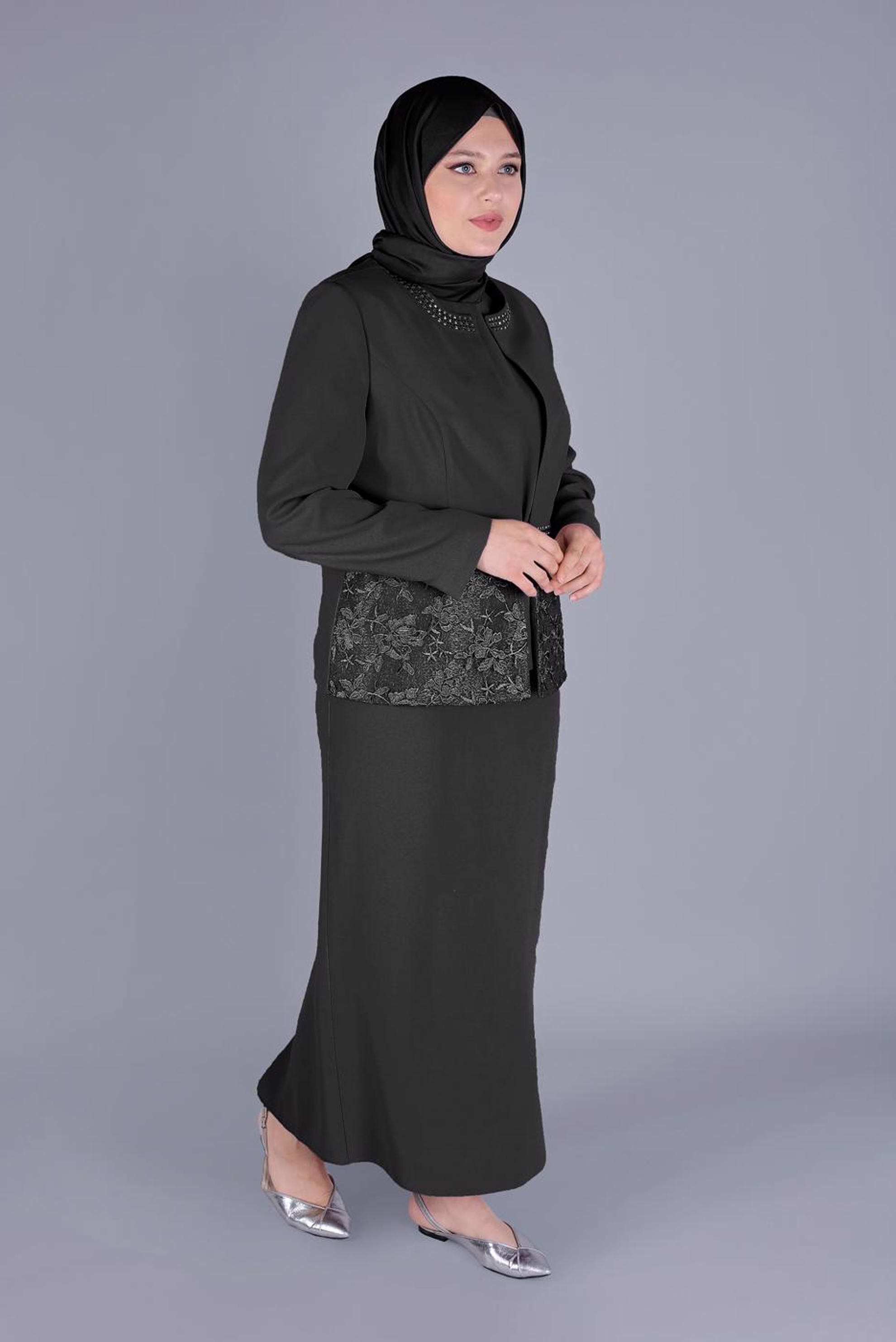 Hijab clothing BLACK LACE DETAILED 3 SKIRT SUIT 30056