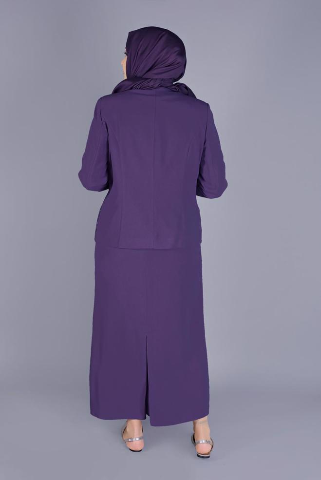 Tesettür giyim MOR TAŞ BASKILI DANTEL DETAYLI ÜÇLÜ ETEKLİ TAKIM 30056 - ALVİNA