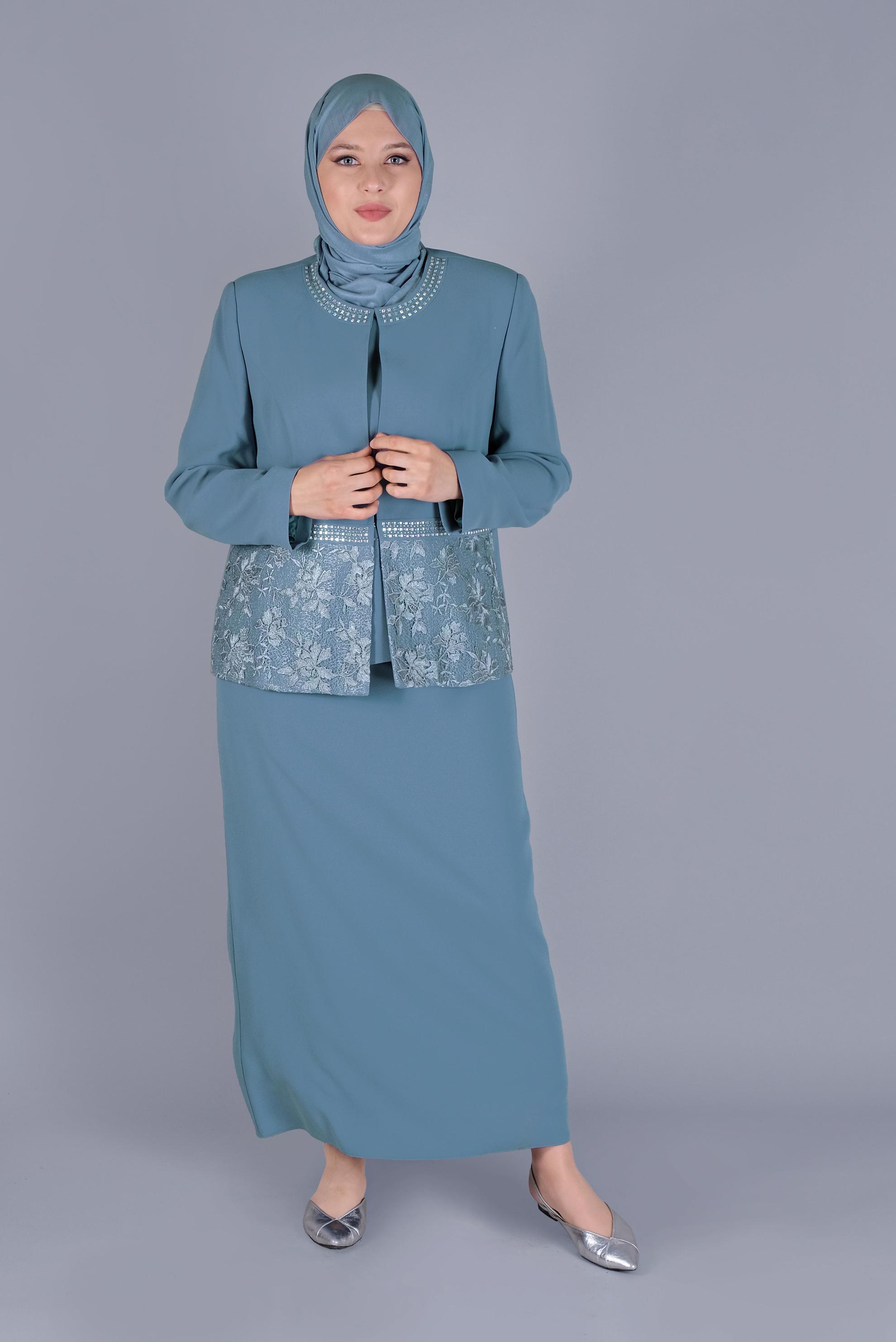 Hijab clothing BLUE LACE DETAILED 3 SKIRT SUIT 30056