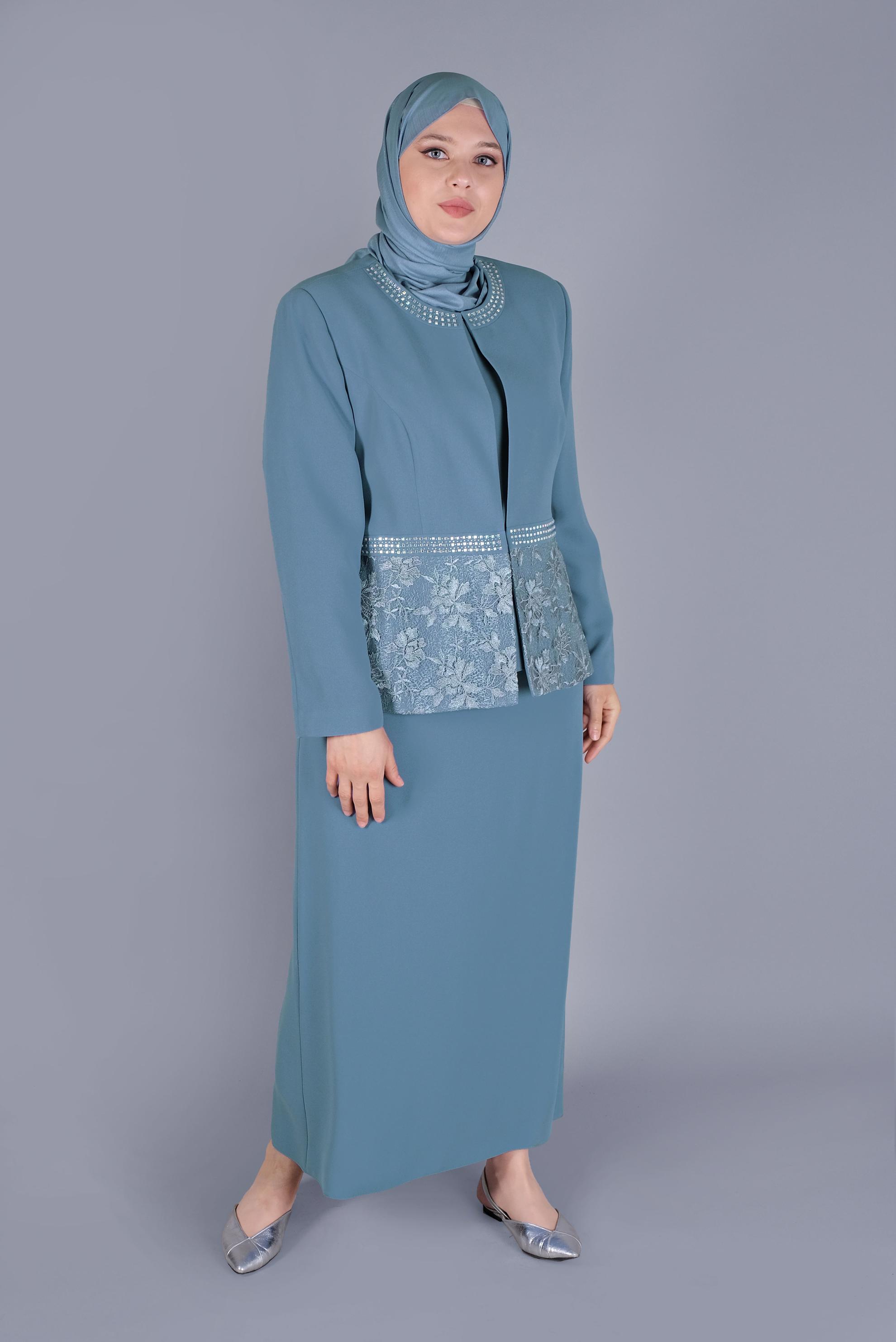 Hijab clothing BLUE LACE DETAILED 3 SKIRT SUIT 30056