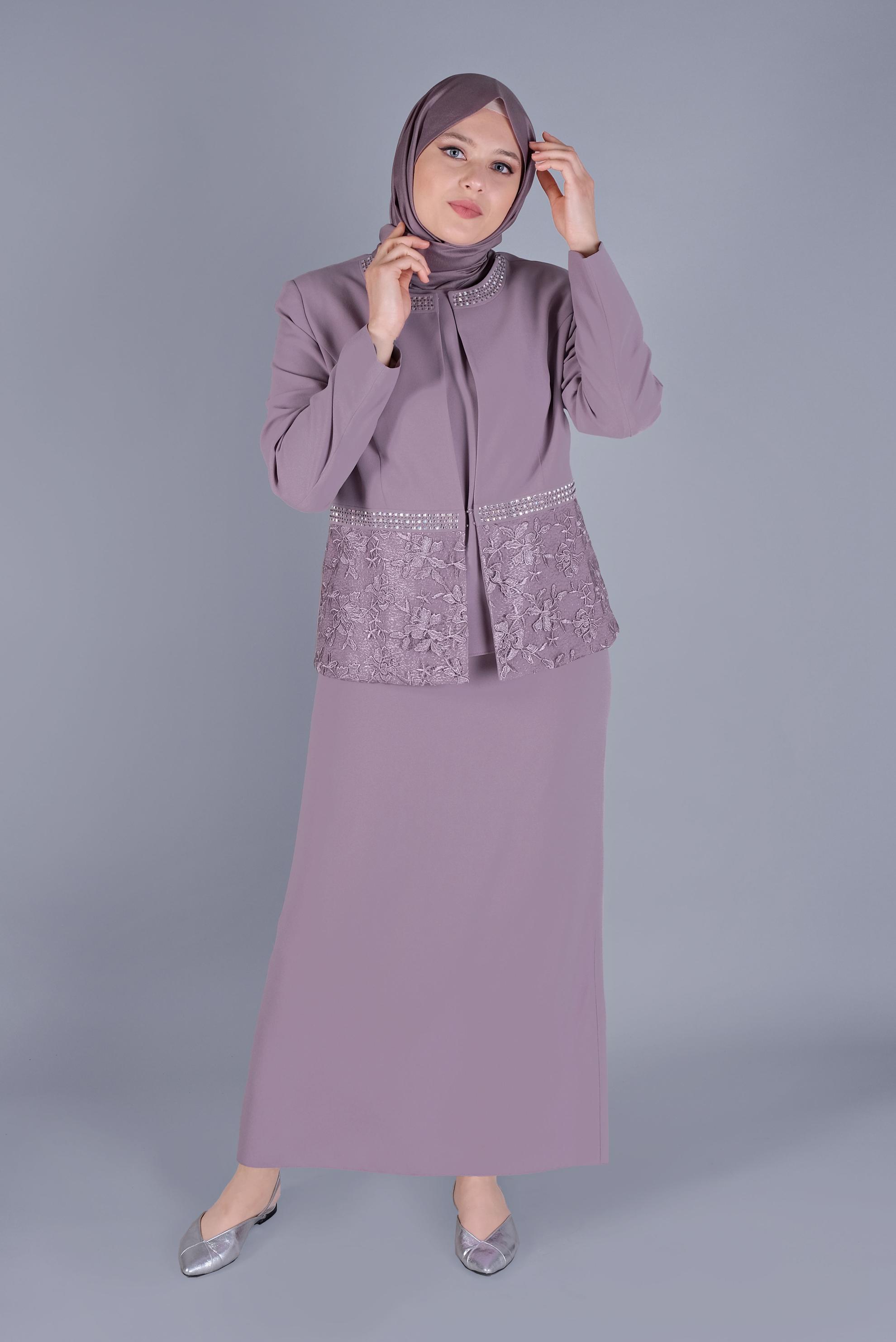 Hijab clothing PINK LACE DETAILED 3 SKIRT SUIT 30056