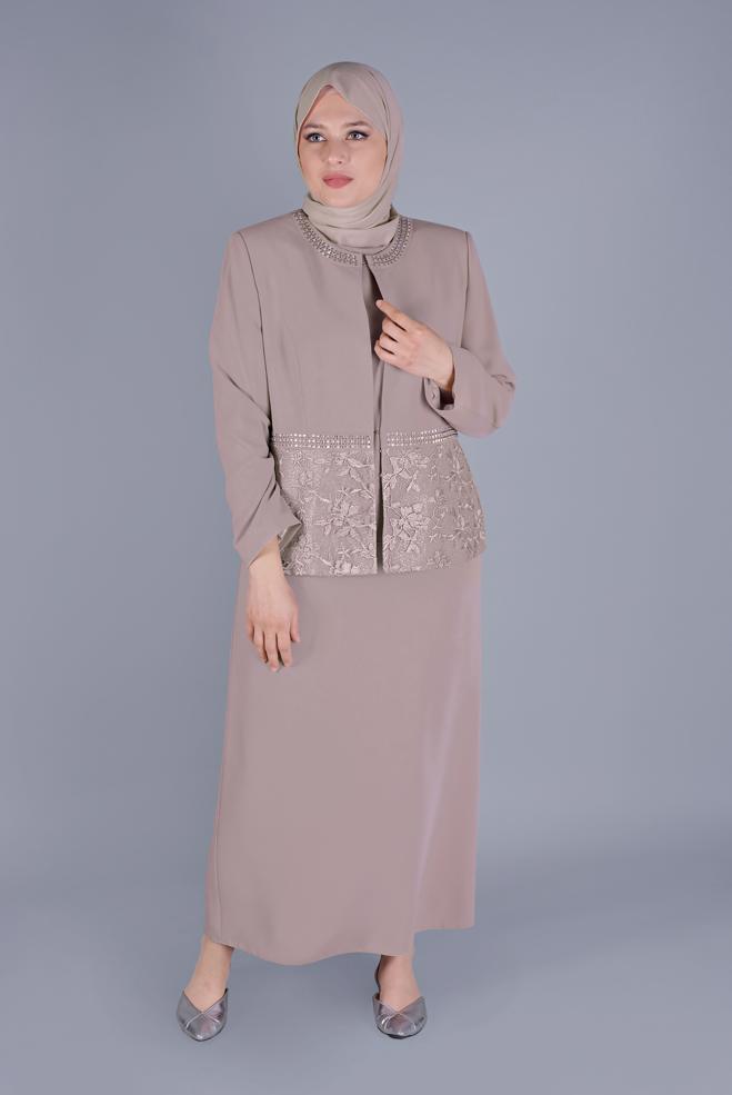 Vêtements hijab BEIGE COSTUME JUPE 3 DÉTAILLÉE EN DENTELLE 30056 - ALVİNA