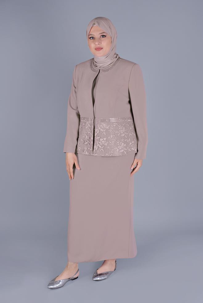 Vêtements hijab BEIGE COSTUME JUPE 3 DÉTAILLÉE EN DENTELLE 30056 - ALVİNA