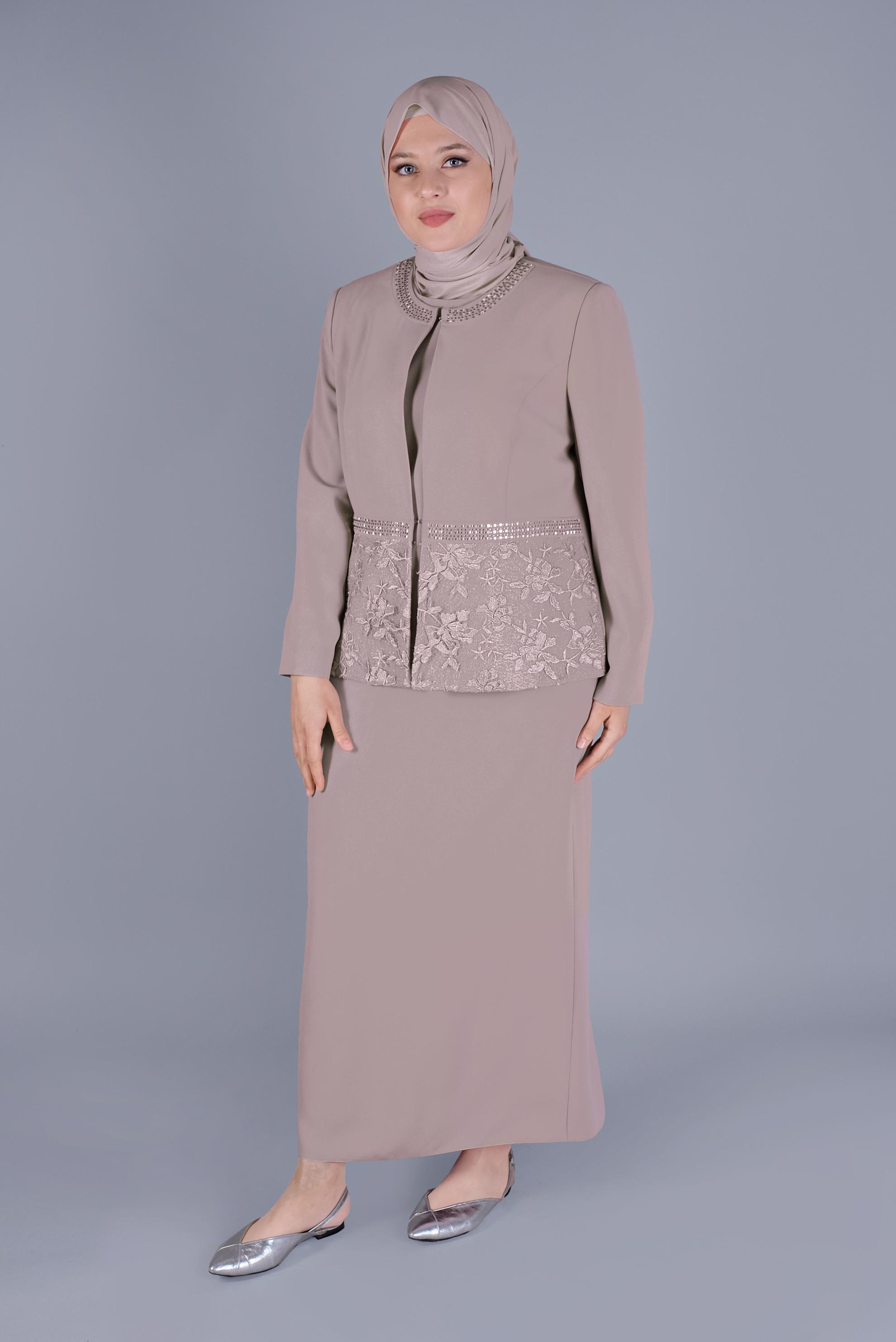 Hijab clothing BEIGE LACE DETAILED 3 SKIRT SUIT 30056