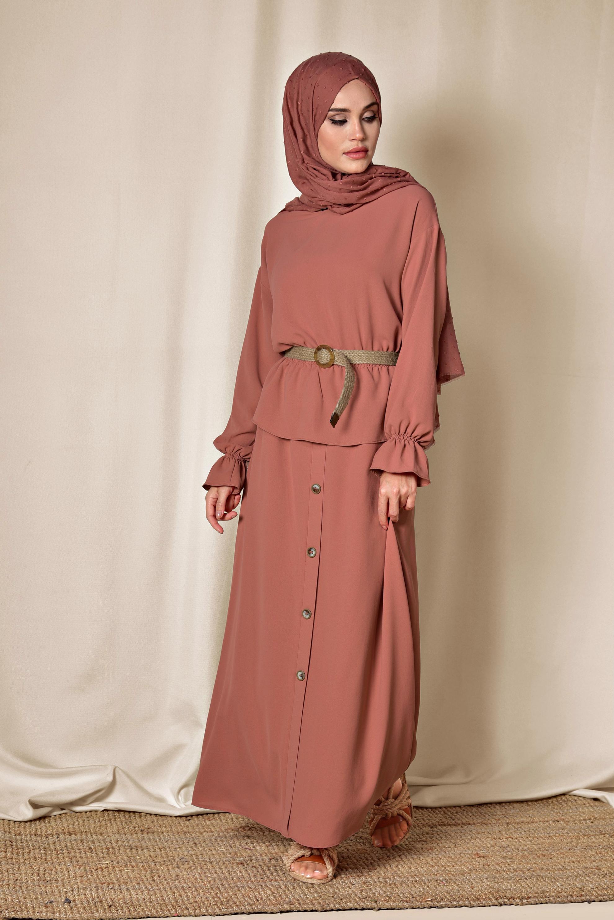 Tesettür giyim TABA BELİ LASTİKLİ ETEKLİ TAKIM 4076