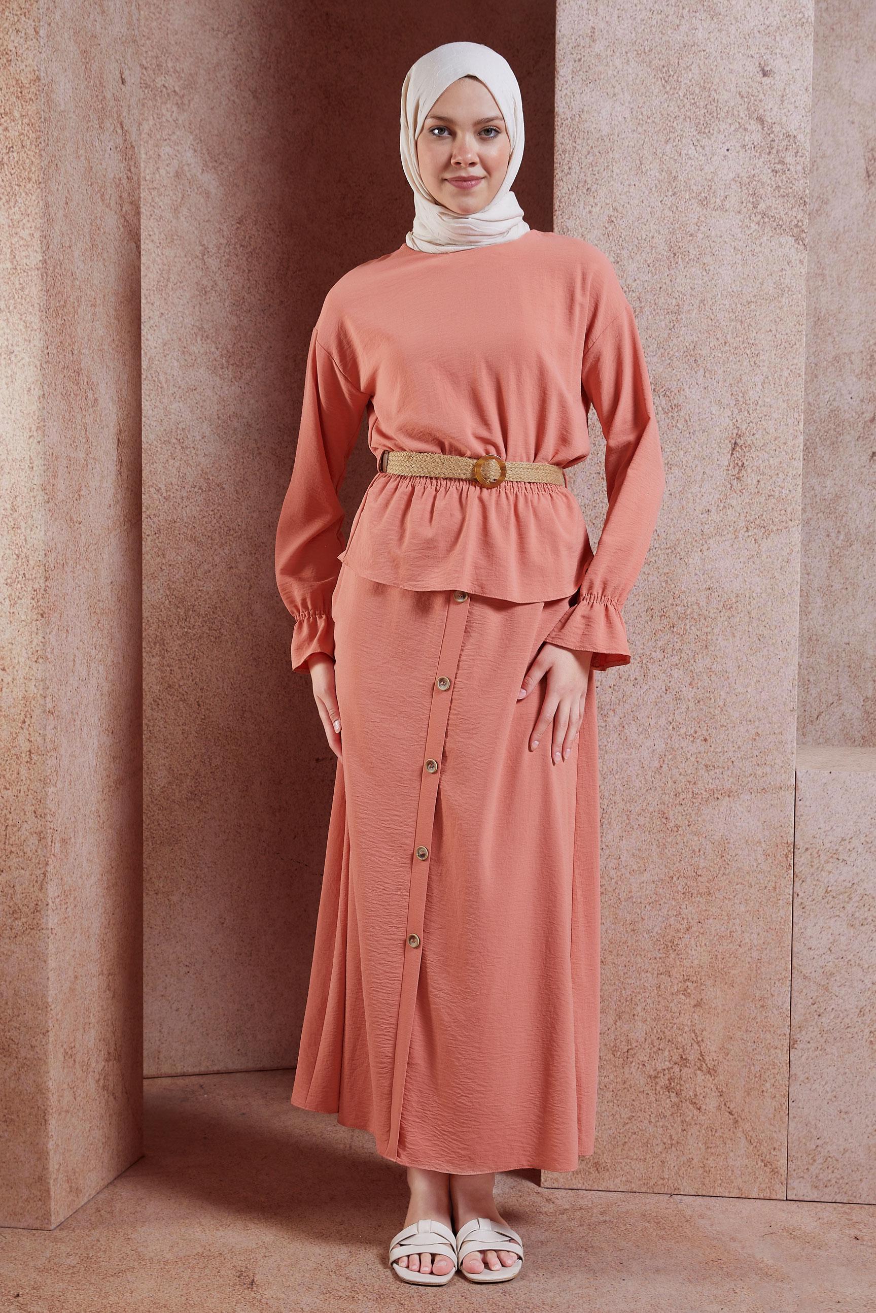 Tesettür giyim PUDRA BELİ LASTİKLİ ETEKLİ TAKIM 4076