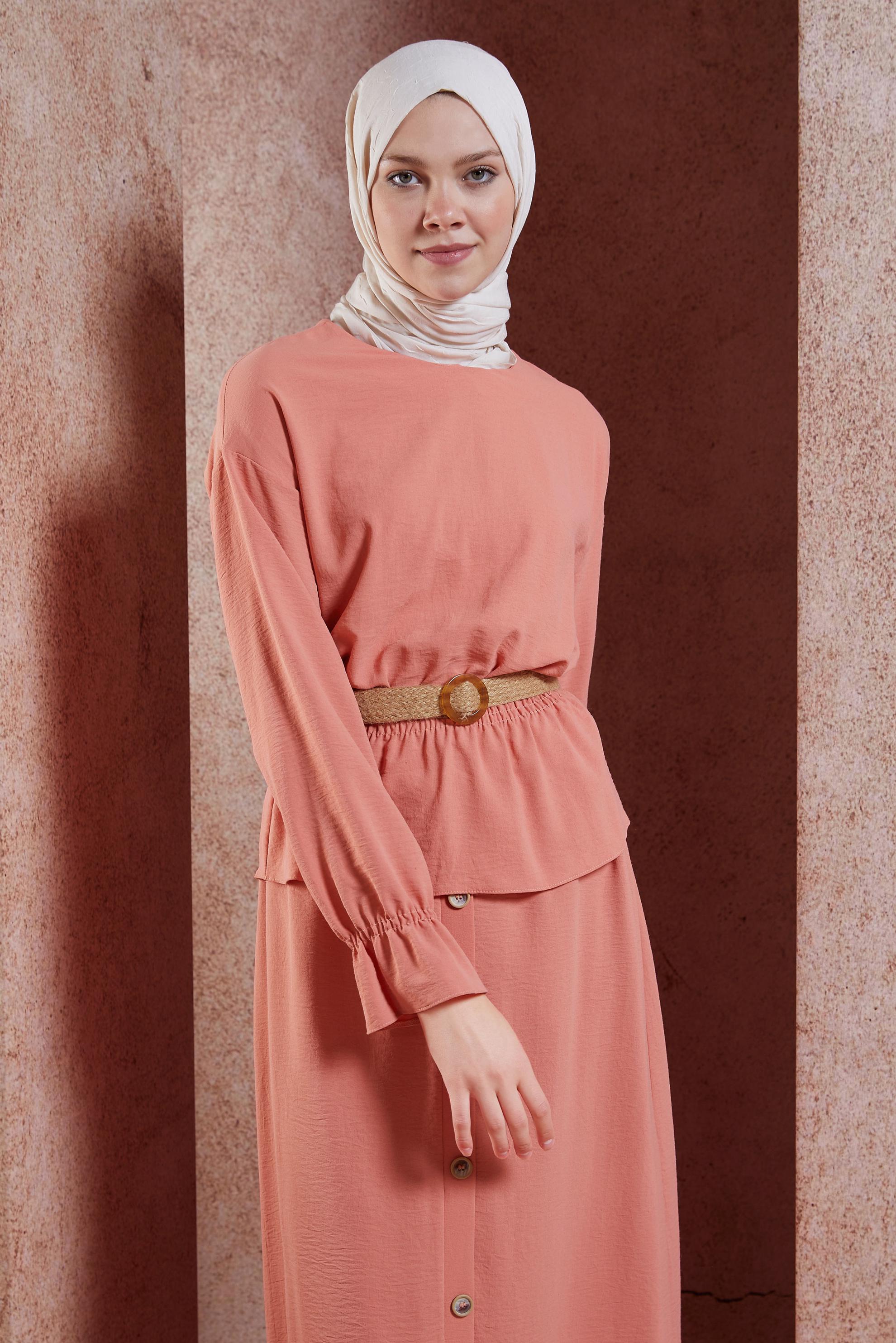 Tesettür giyim PUDRA BELİ LASTİKLİ ETEKLİ TAKIM 4076