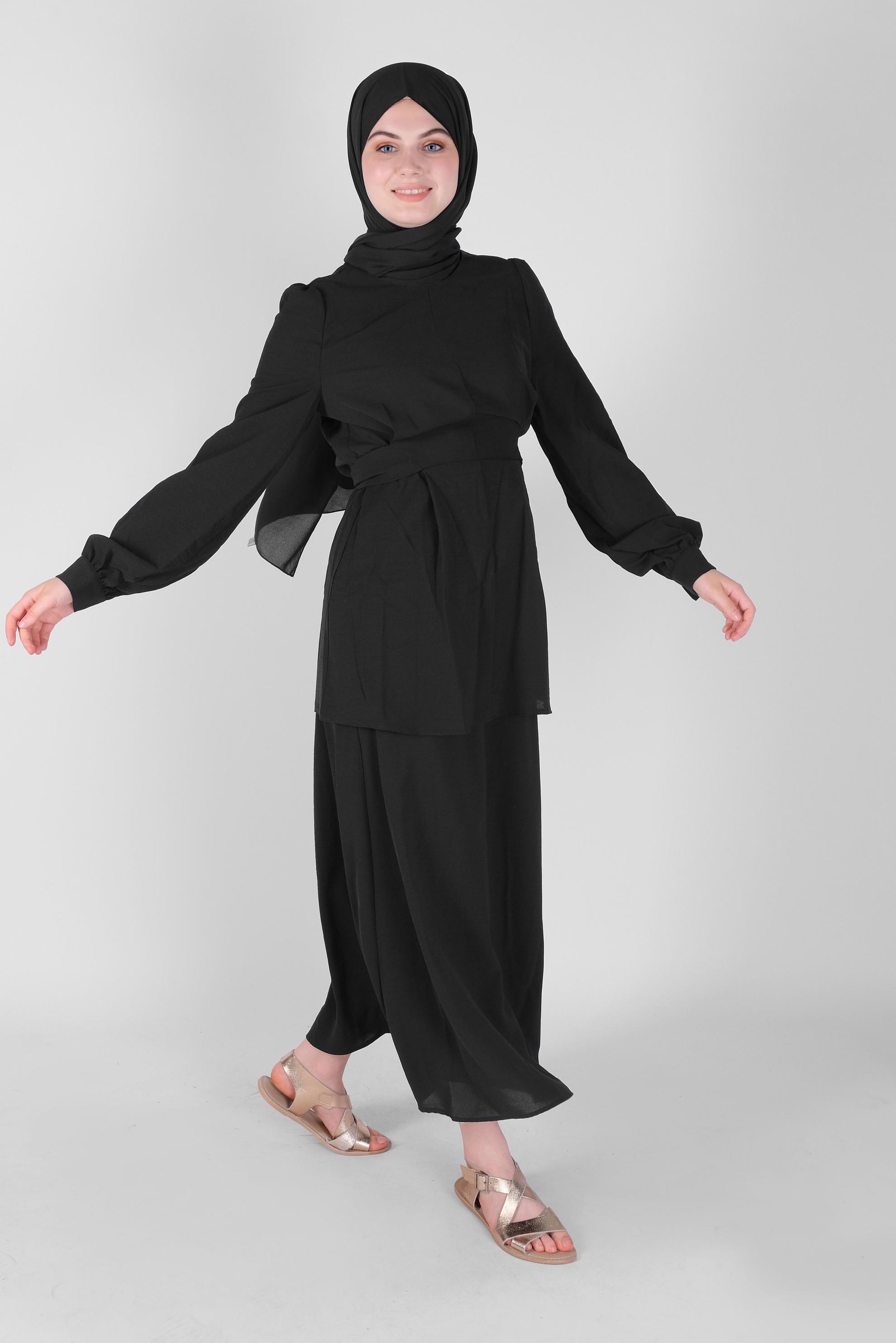 Hijab clothing BLACK BELTED 2-PIECE SKIRTED SUIT 40787 
