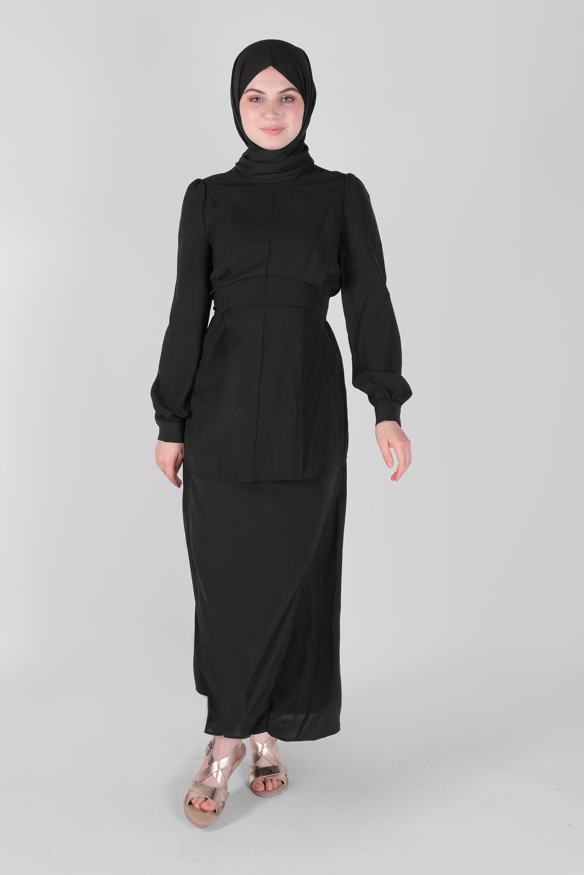 Hijab clothing BLACK BELTED 2-PIECE SKIRTED SUIT 40787 