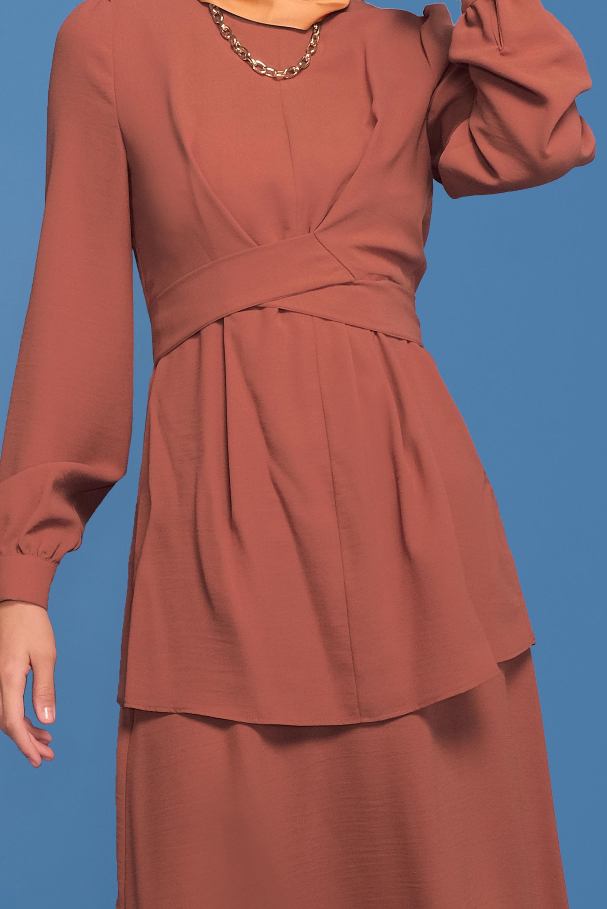 Tesettür giyim TURUNCU  KUŞAKLI İKİLİ ETEKLİ TAKIM  40787 