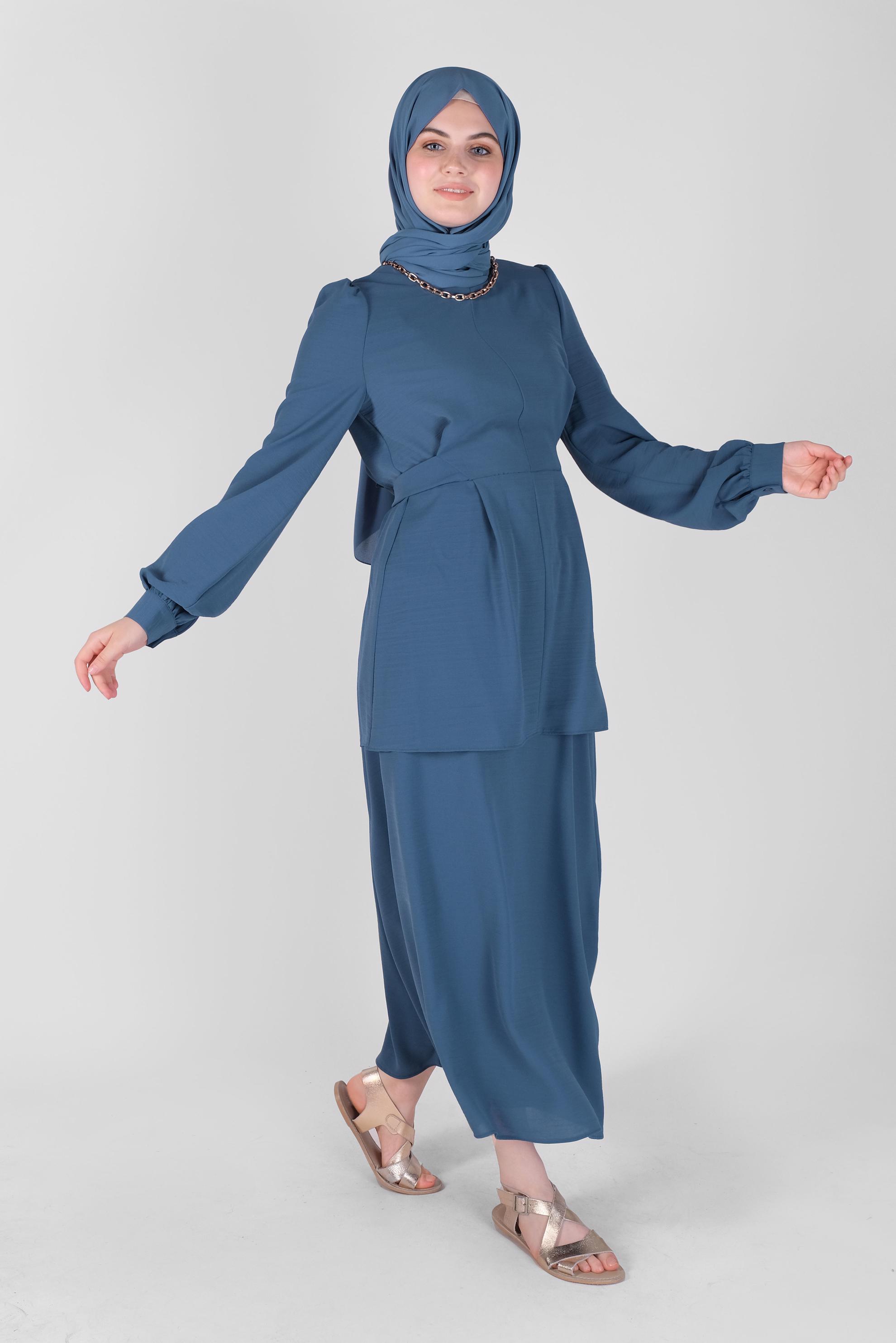 Tesettür giyim LACİVERT  KUŞAKLI İKİLİ ETEKLİ TAKIM  40787 