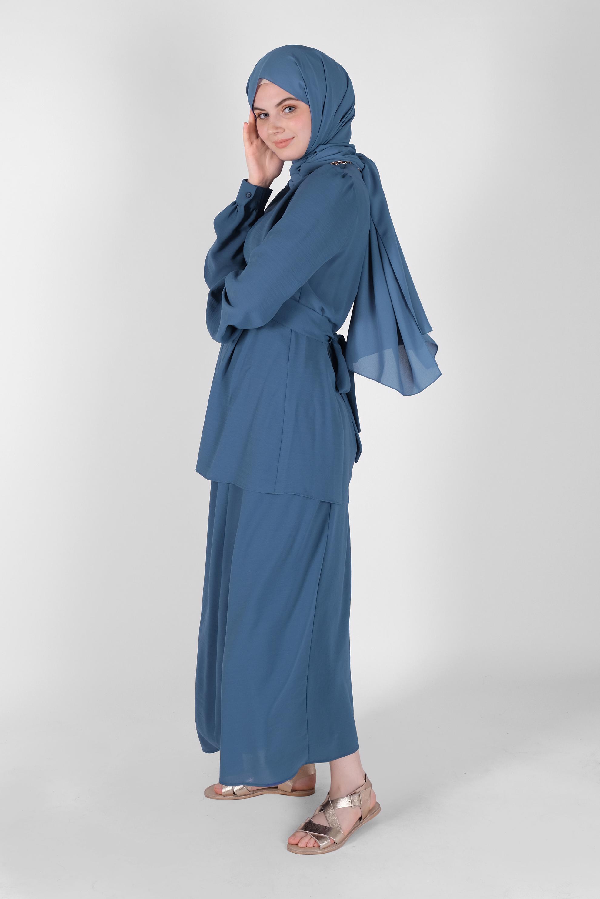 Tesettür giyim LACİVERT  KUŞAKLI İKİLİ ETEKLİ TAKIM  40787 