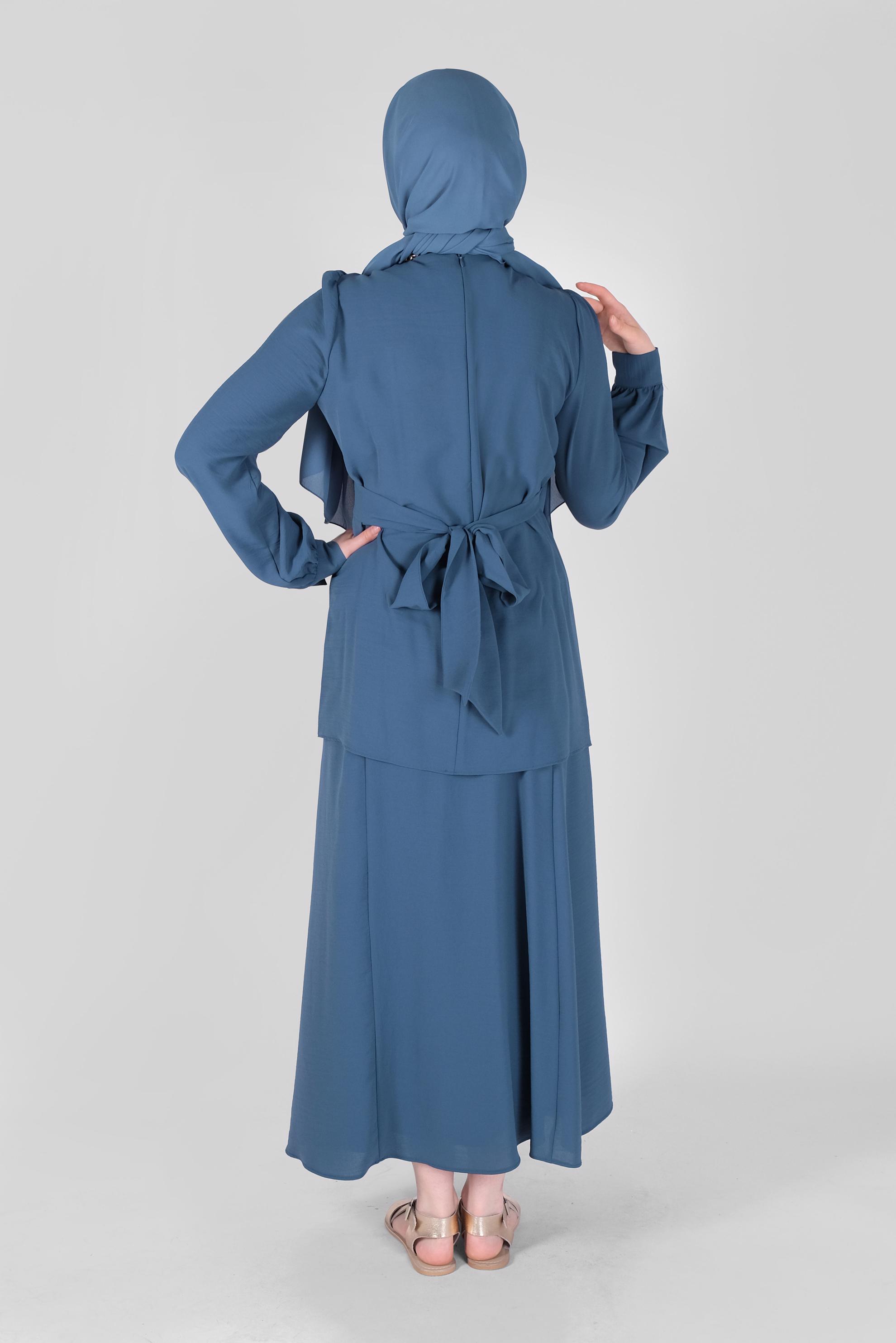 Tesettür giyim LACİVERT  KUŞAKLI İKİLİ ETEKLİ TAKIM  40787 