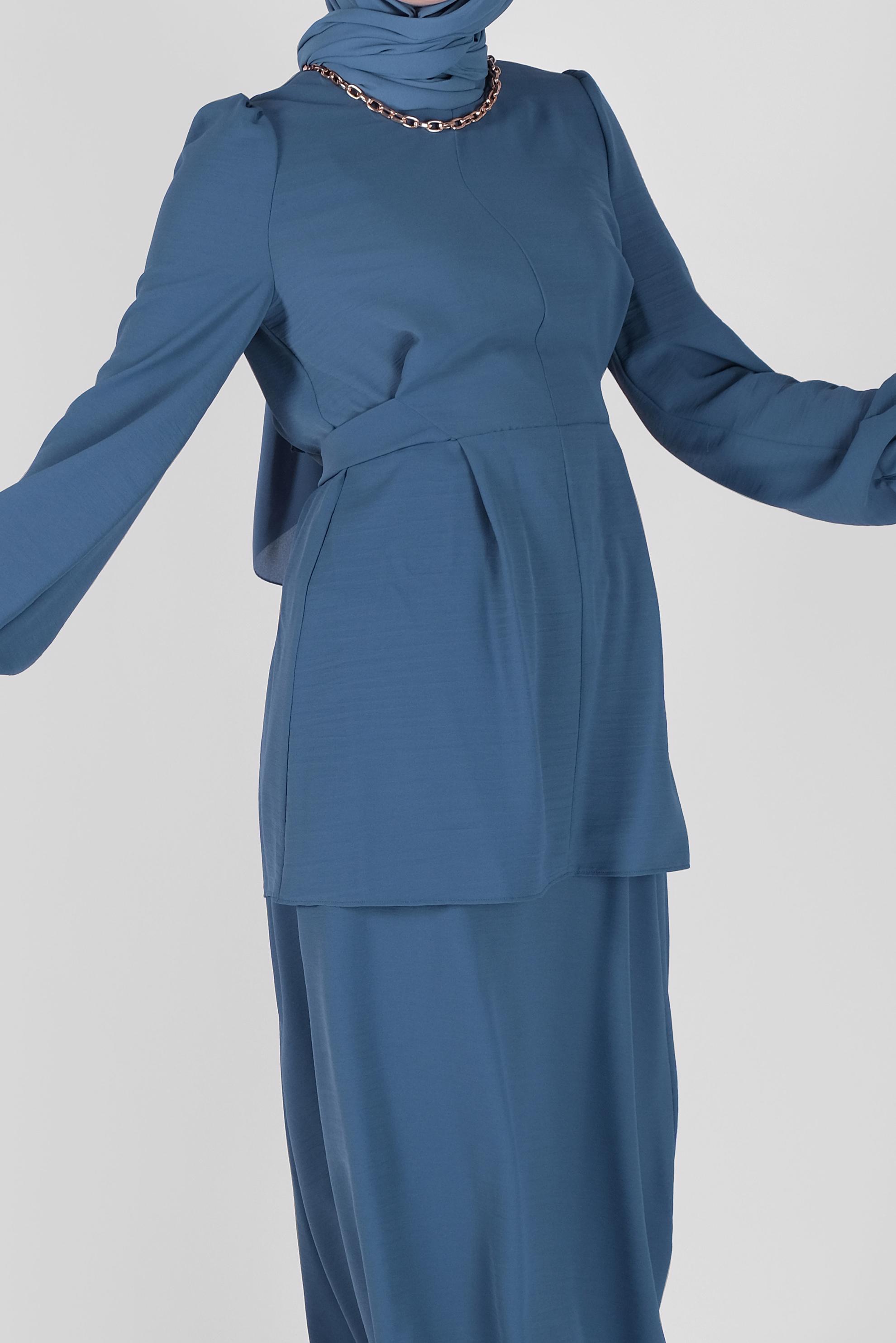 Tesettür giyim LACİVERT  KUŞAKLI İKİLİ ETEKLİ TAKIM  40787 