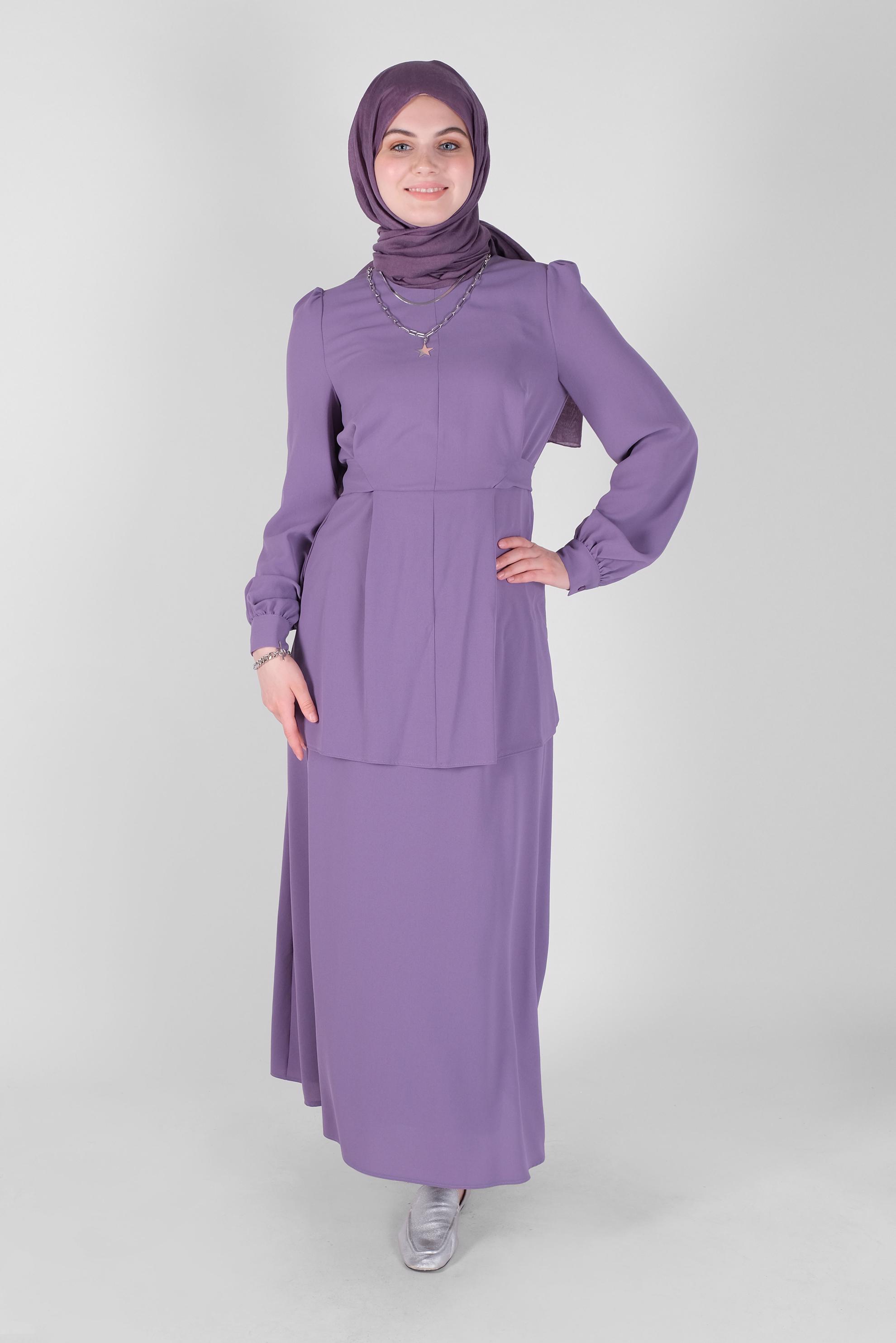 Tesettür giyim MOR  KUŞAKLI İKİLİ ETEKLİ TAKIM  40787 