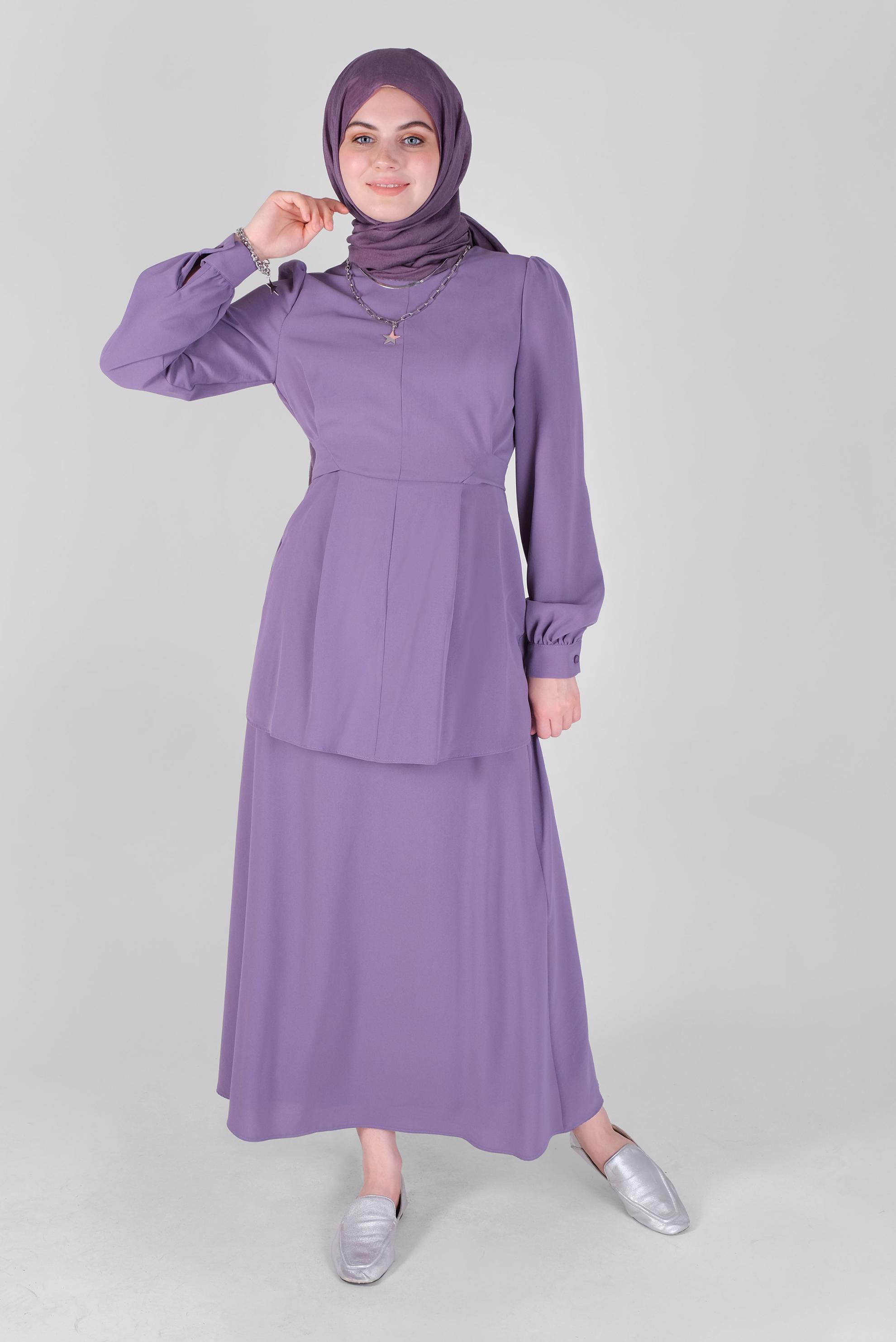 Tesettür giyim MOR  KUŞAKLI İKİLİ ETEKLİ TAKIM  40787 