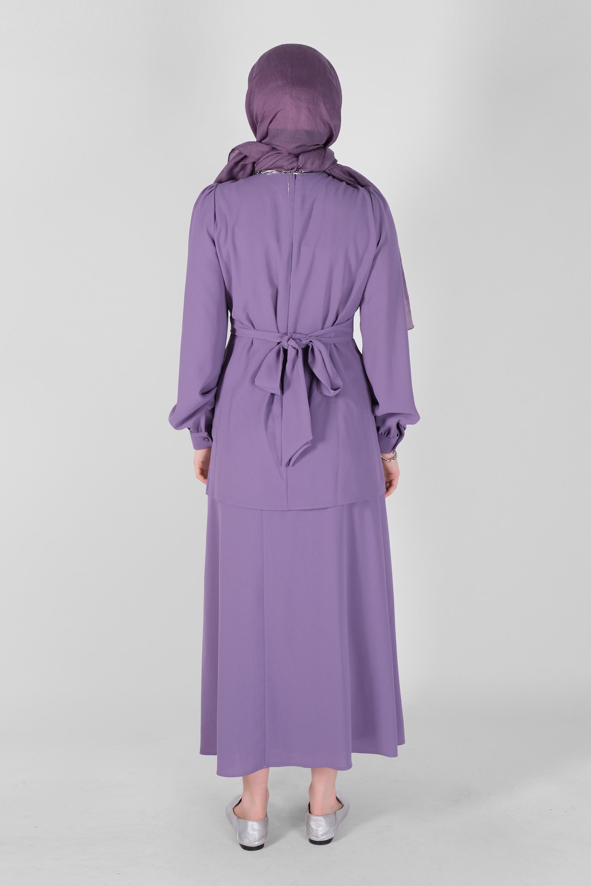Tesettür giyim MOR  KUŞAKLI İKİLİ ETEKLİ TAKIM  40787 