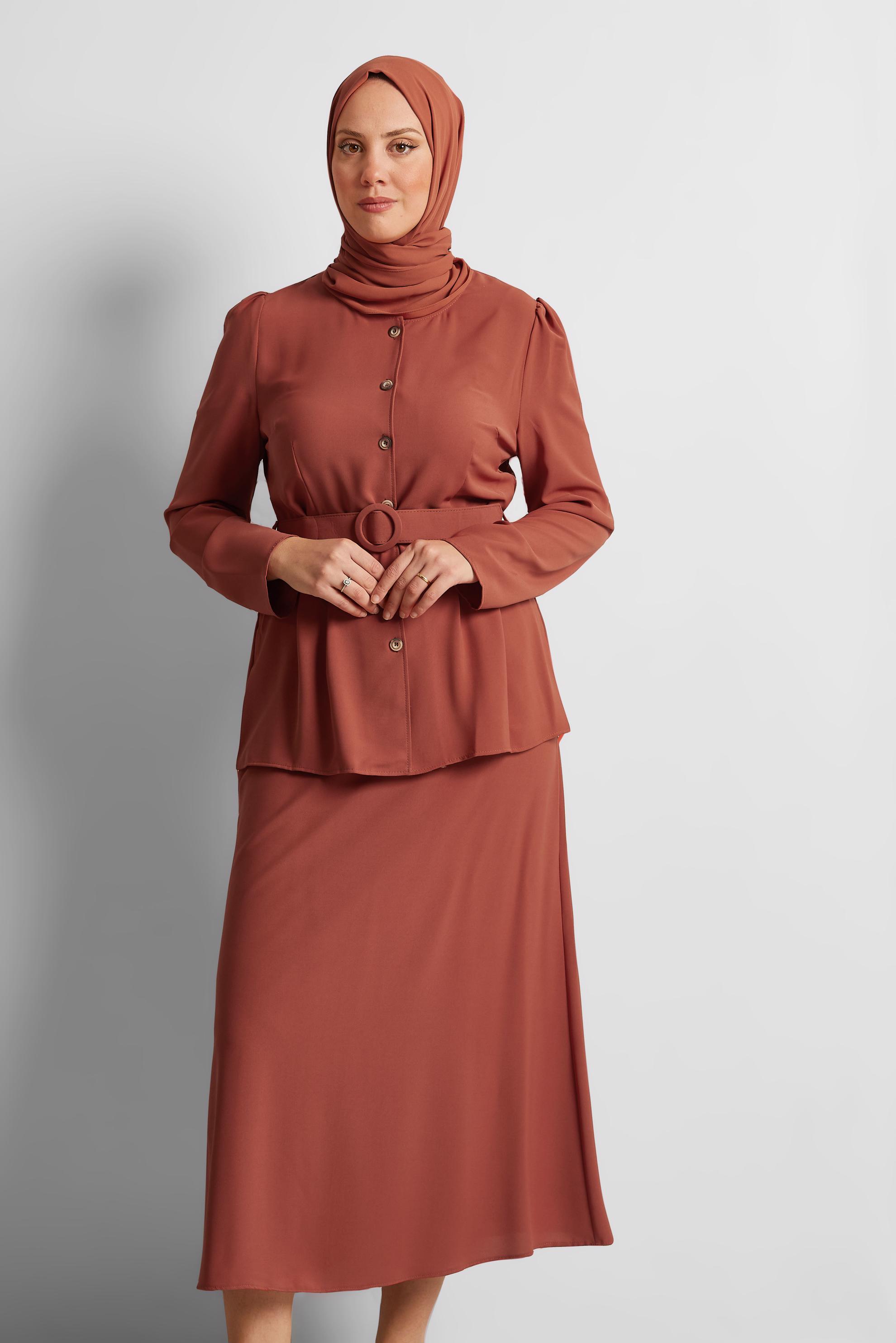 Tesettür giyim TURUNCU BOYDAN DÜĞMELİ İKİLİ ETEKLİ TAKIM 40793 
