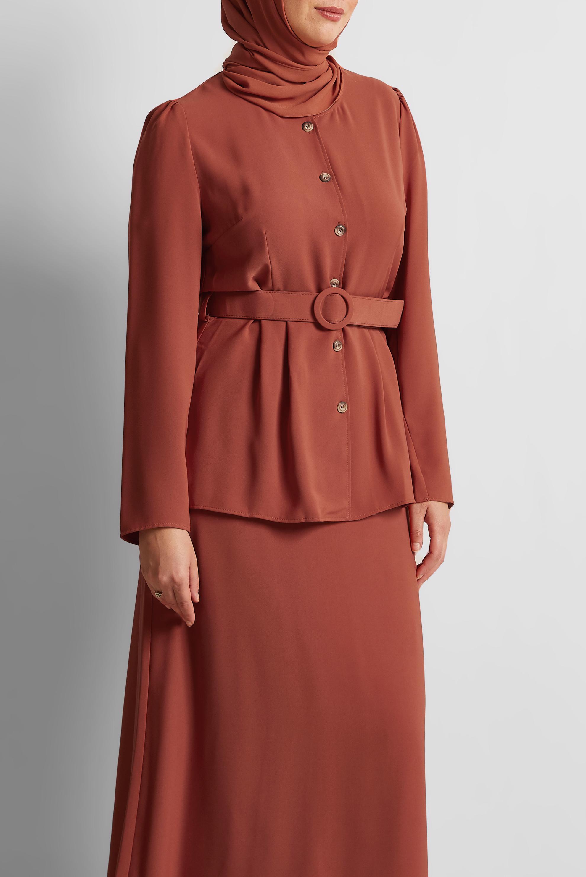 Tesettür giyim TURUNCU BOYDAN DÜĞMELİ İKİLİ ETEKLİ TAKIM 40793 