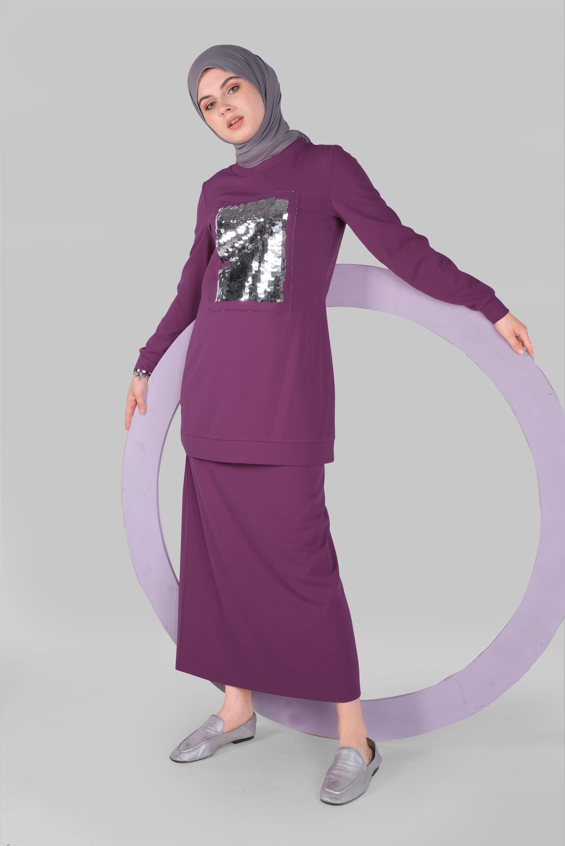 Tesettür giyim MOR PUL PAYETLİ ETEKLİ TAKIM 40794 