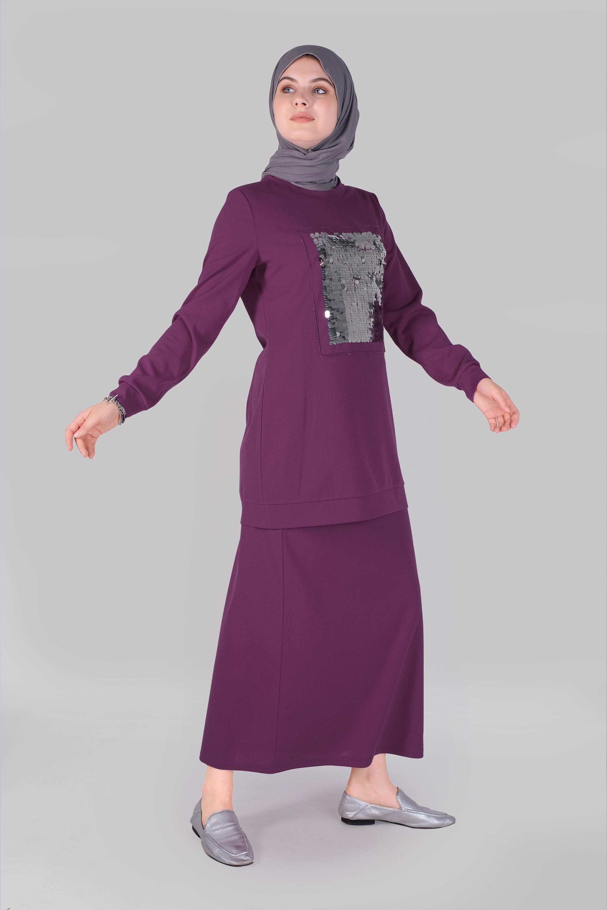 Tesettür giyim MOR PUL PAYETLİ ETEKLİ TAKIM 40794 