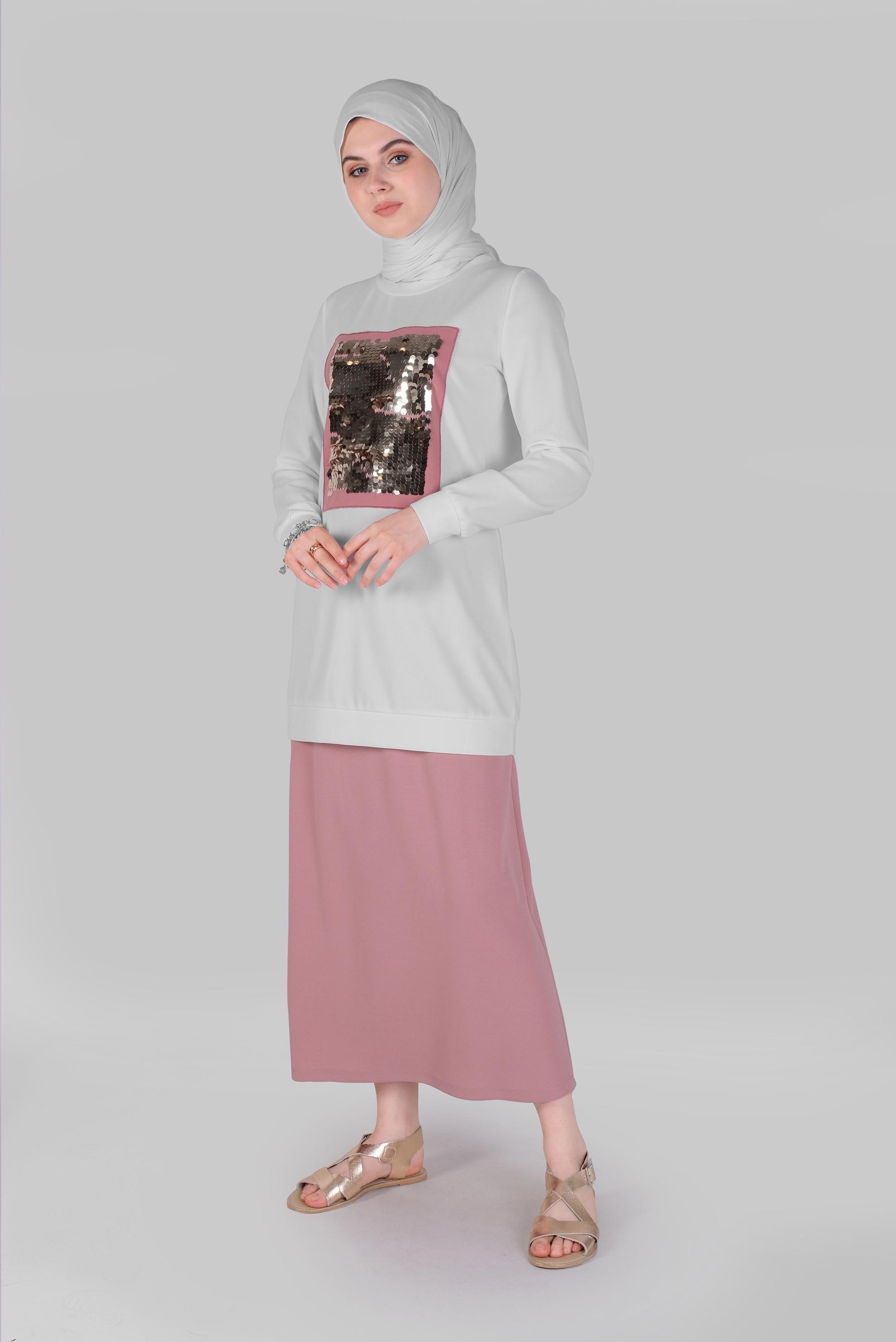 Tesettür giyim BEJ PUL PAYETLİ ETEKLİ TAKIM 40794 