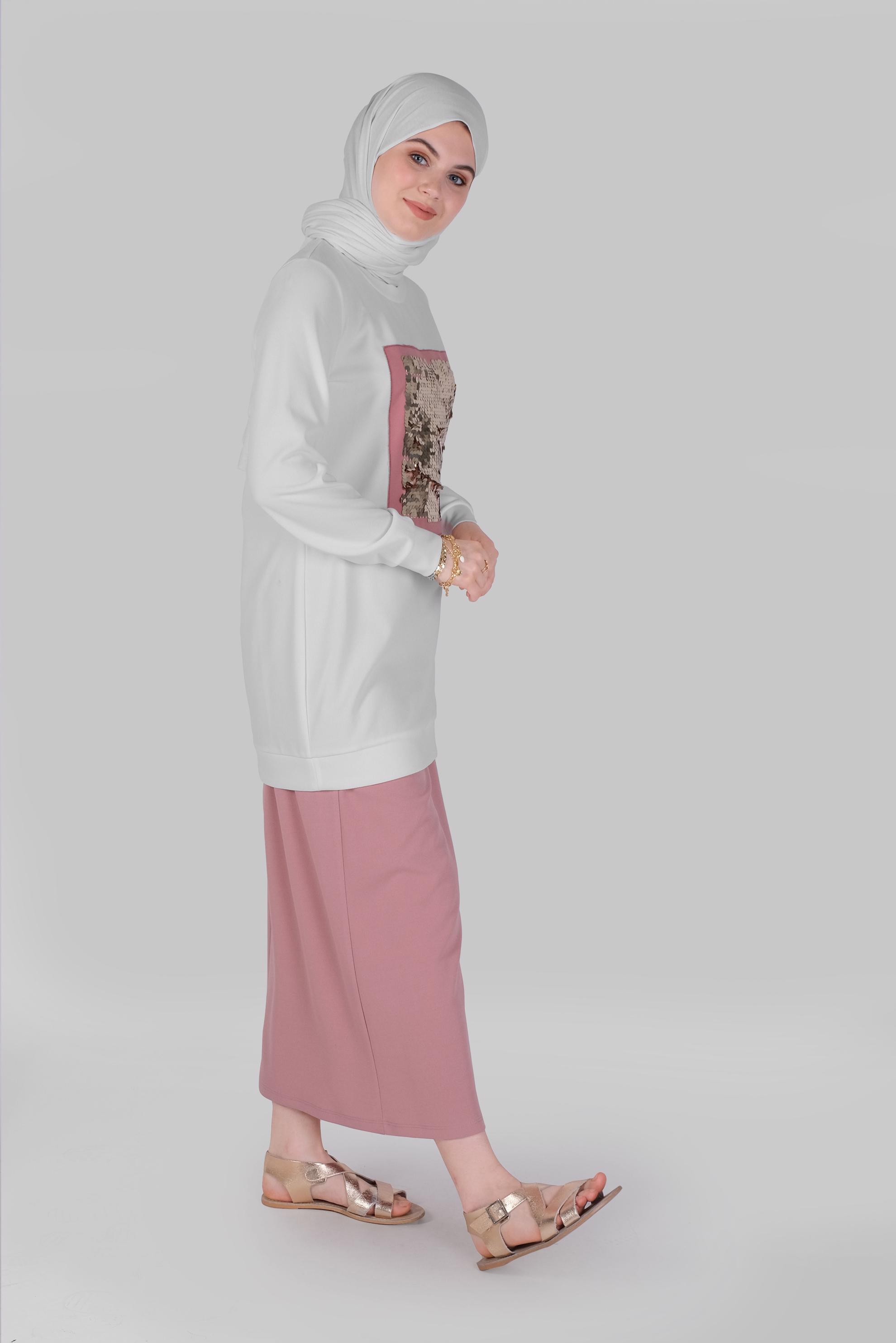 Tesettür giyim BEJ PUL PAYETLİ ETEKLİ TAKIM 40794 