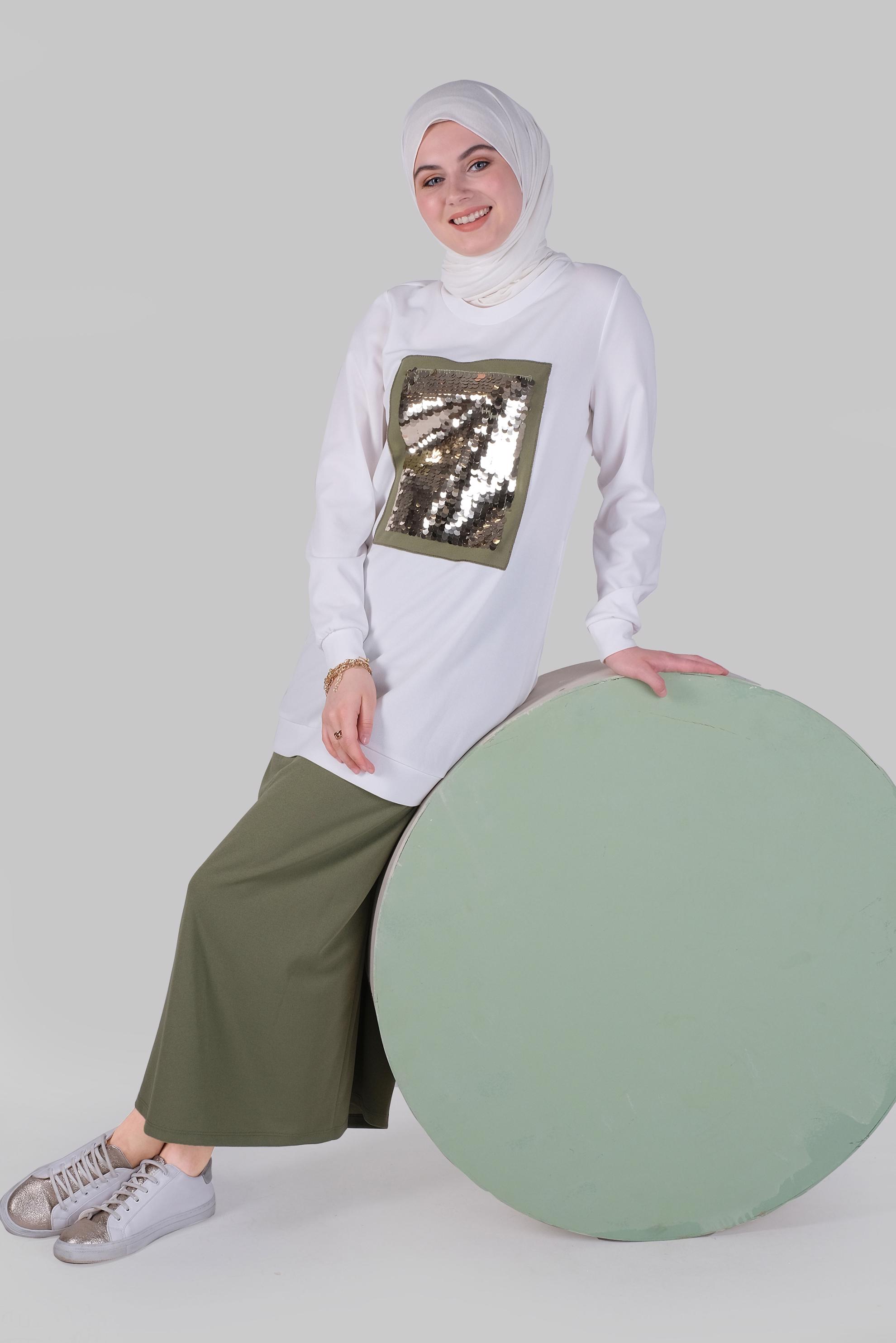 Tesettür giyim BEJ PUL PAYETLİ ETEKLİ TAKIM 40794 