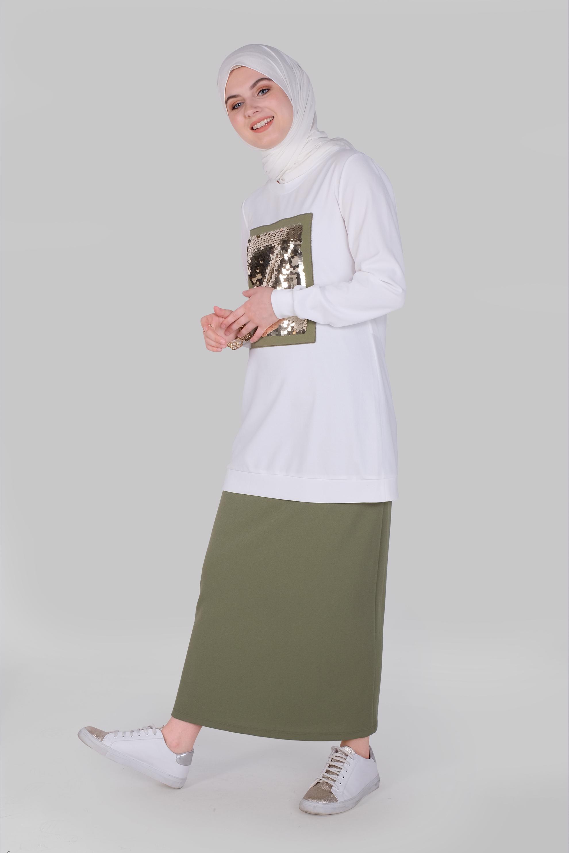 Tesettür giyim BEJ PUL PAYETLİ ETEKLİ TAKIM 40794 