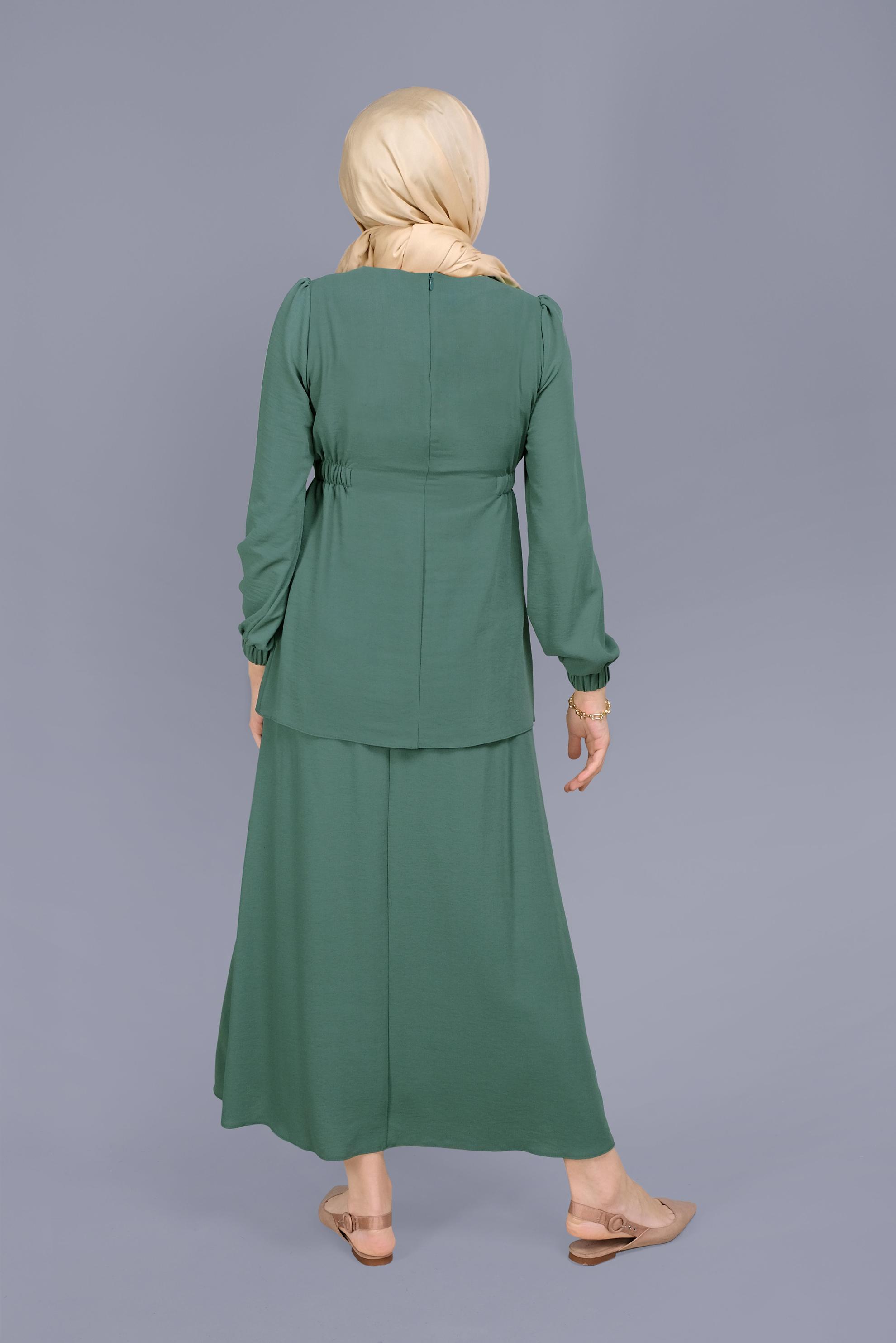 Tesettür giyim YEŞİL DANTELLİ BONCUKLU İKİLİ ETEKLİ TAKIM 40810 