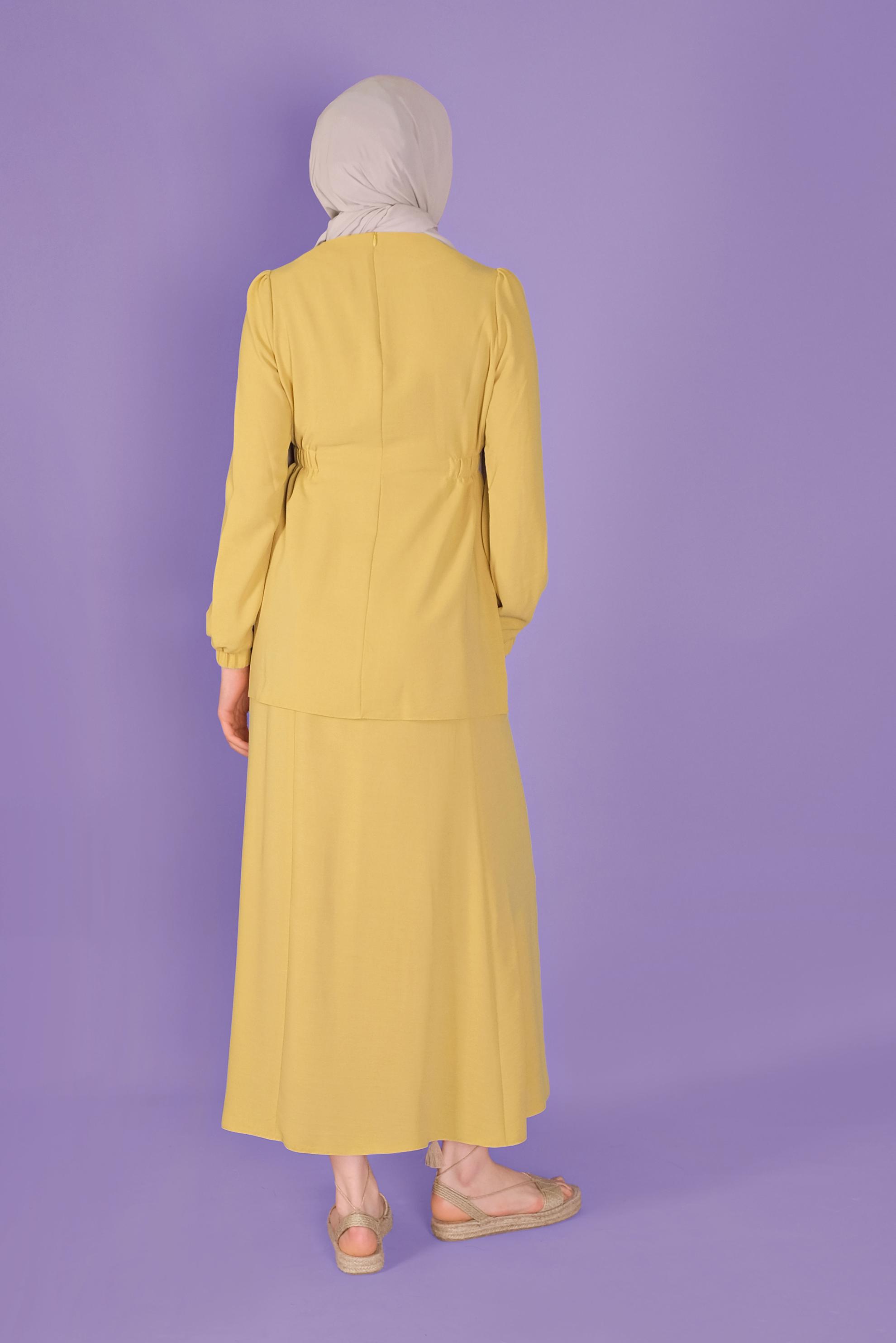 Tesettür giyim SARI DANTELLİ BONCUKLU İKİLİ ETEKLİ TAKIM 40810 