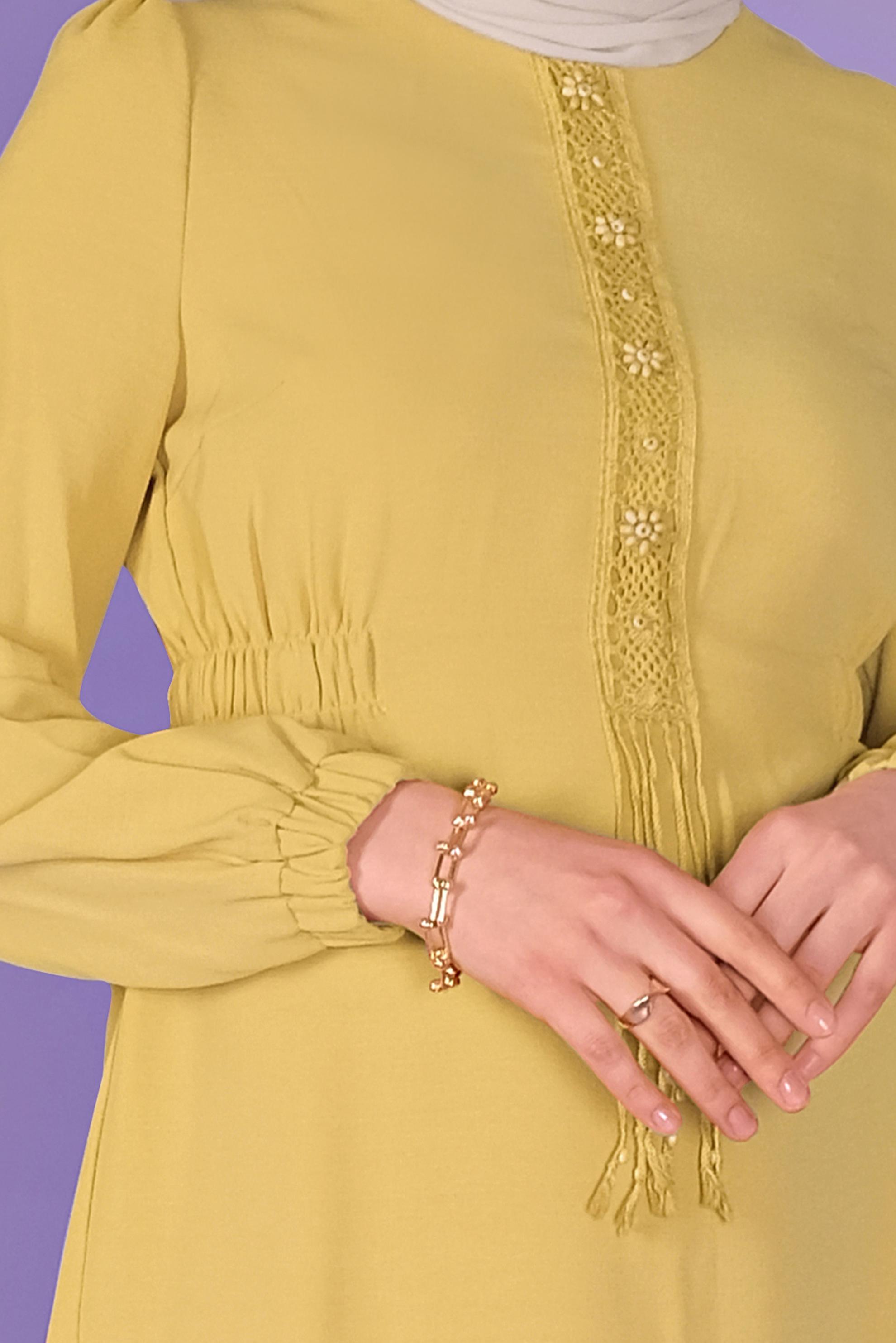 Tesettür giyim SARI DANTELLİ BONCUKLU İKİLİ ETEKLİ TAKIM 40810 