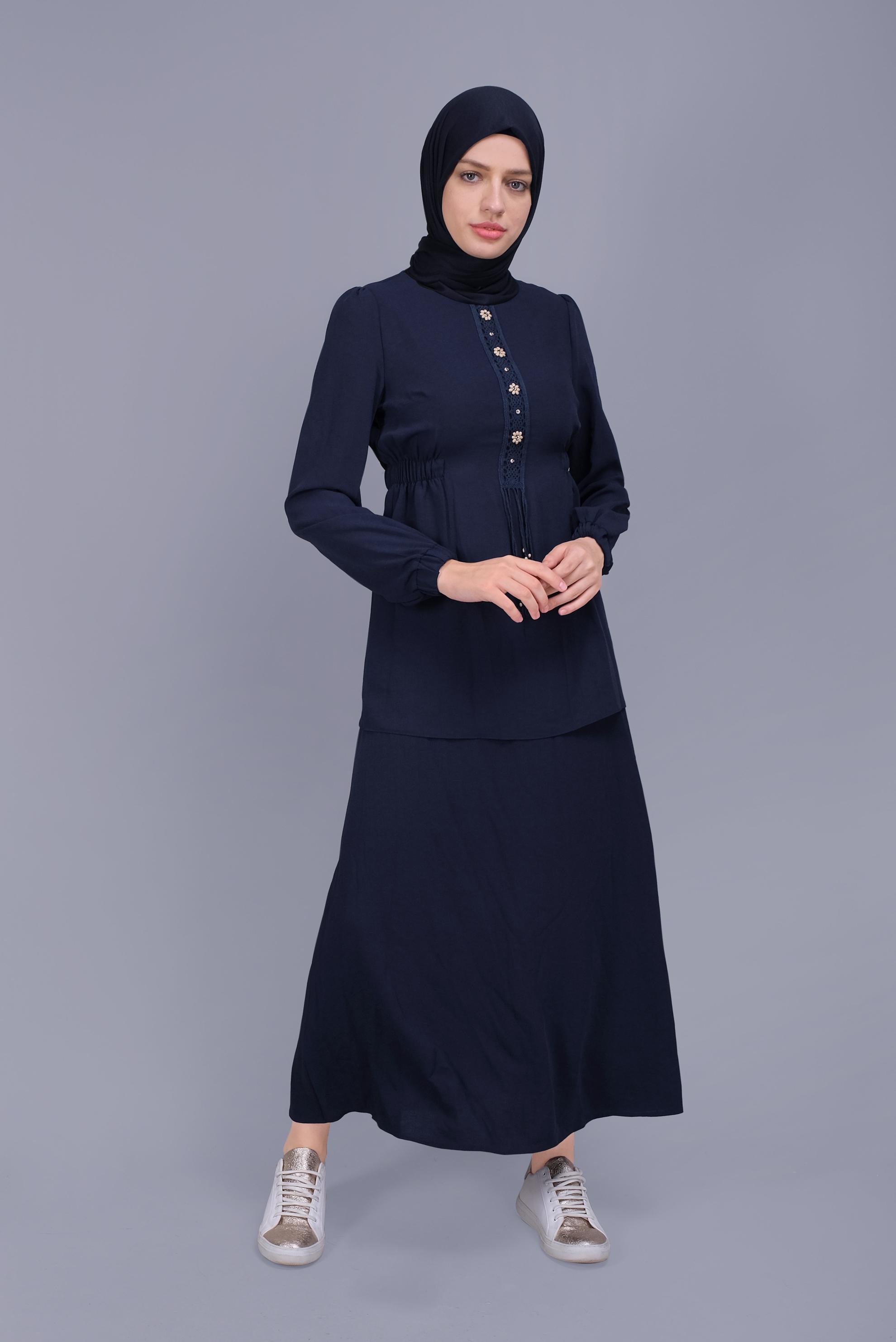 Tesettür giyim LACİVERT DANTELLİ BONCUKLU İKİLİ ETEKLİ TAKIM 40810 