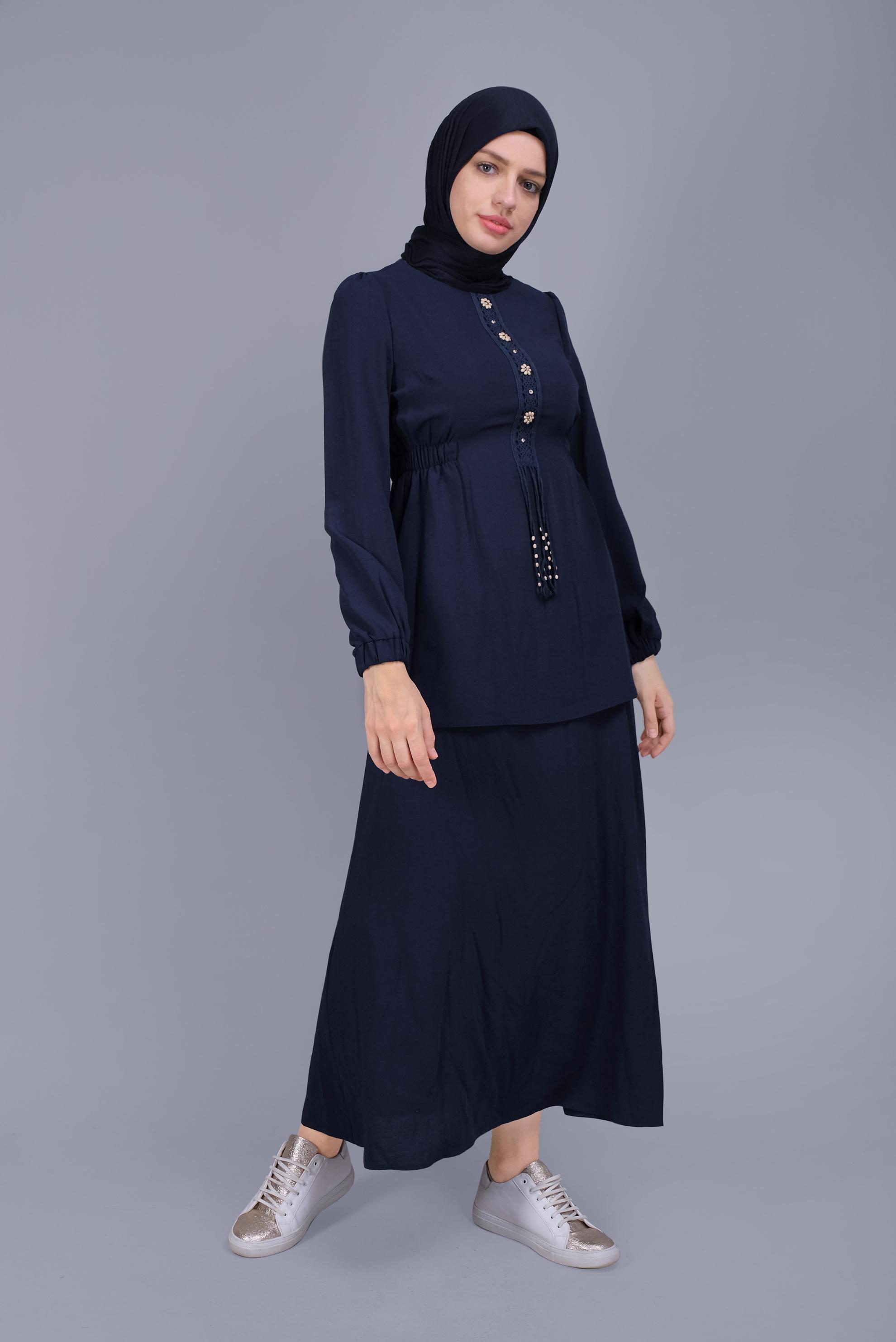 Tesettür giyim LACİVERT DANTELLİ BONCUKLU İKİLİ ETEKLİ TAKIM 40810 