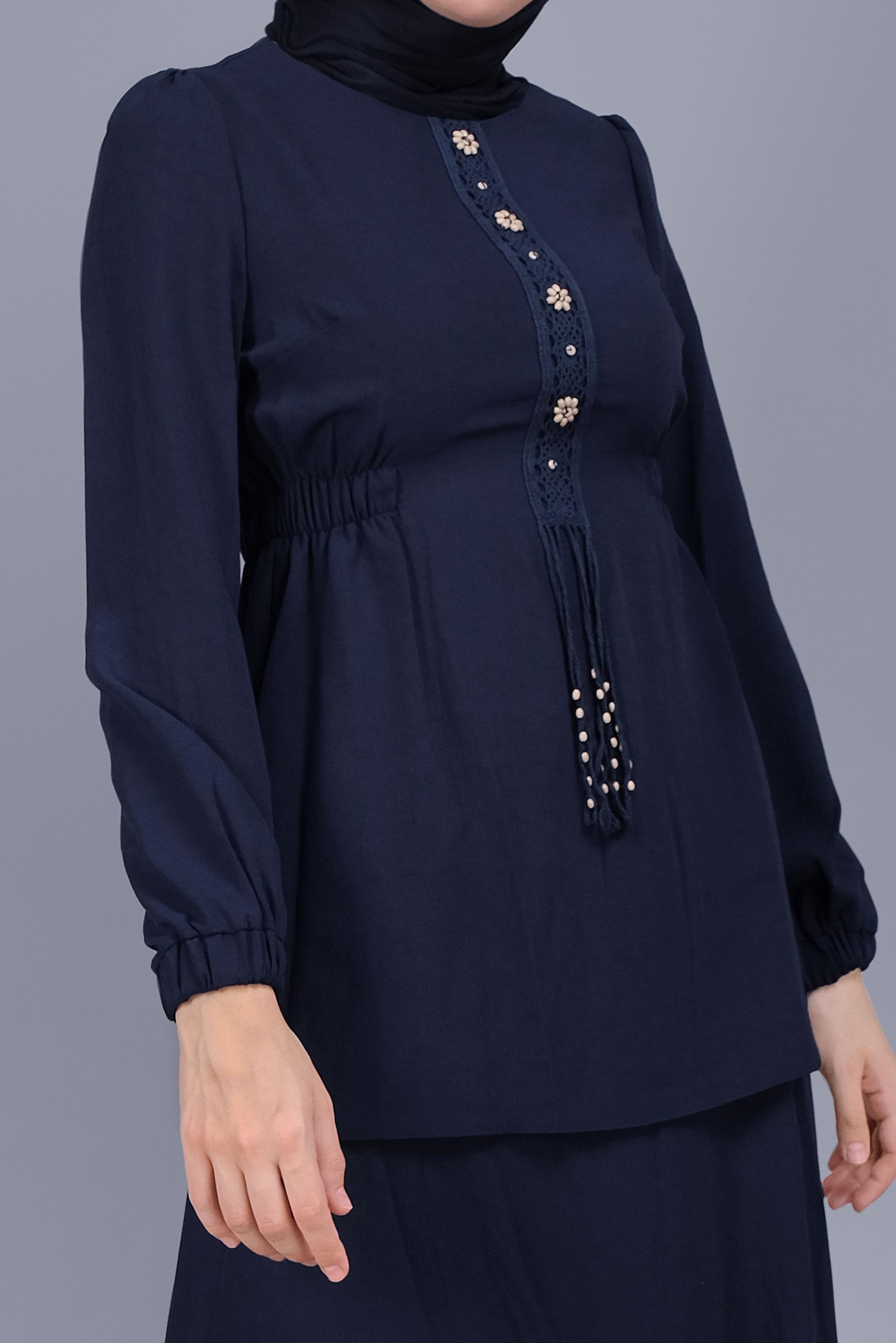 Tesettür giyim LACİVERT DANTELLİ BONCUKLU İKİLİ ETEKLİ TAKIM 40810 