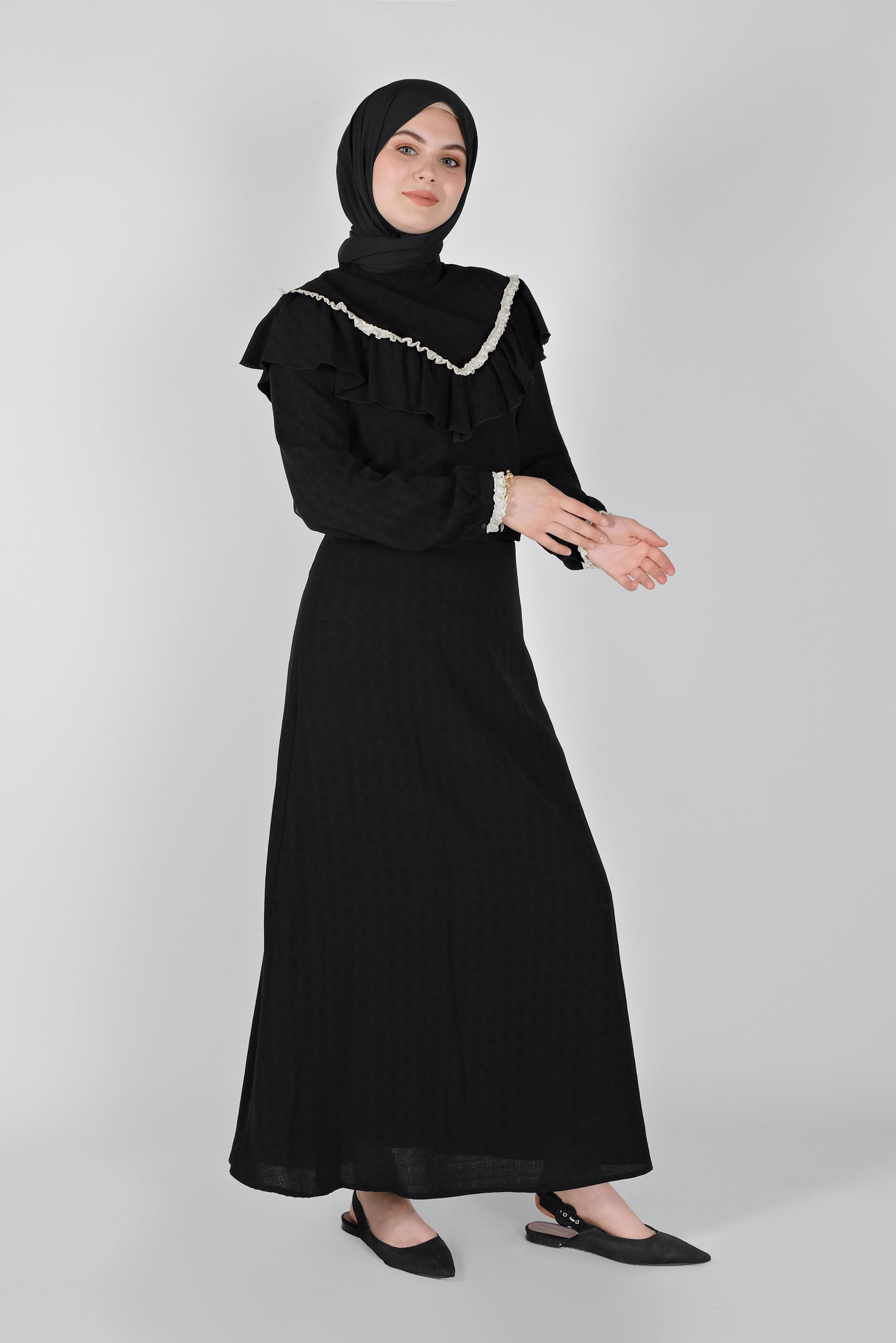Tesettür giyim SİYAH FIRFIRLI KEMERLİ ETEKLİ TAKIM 40811