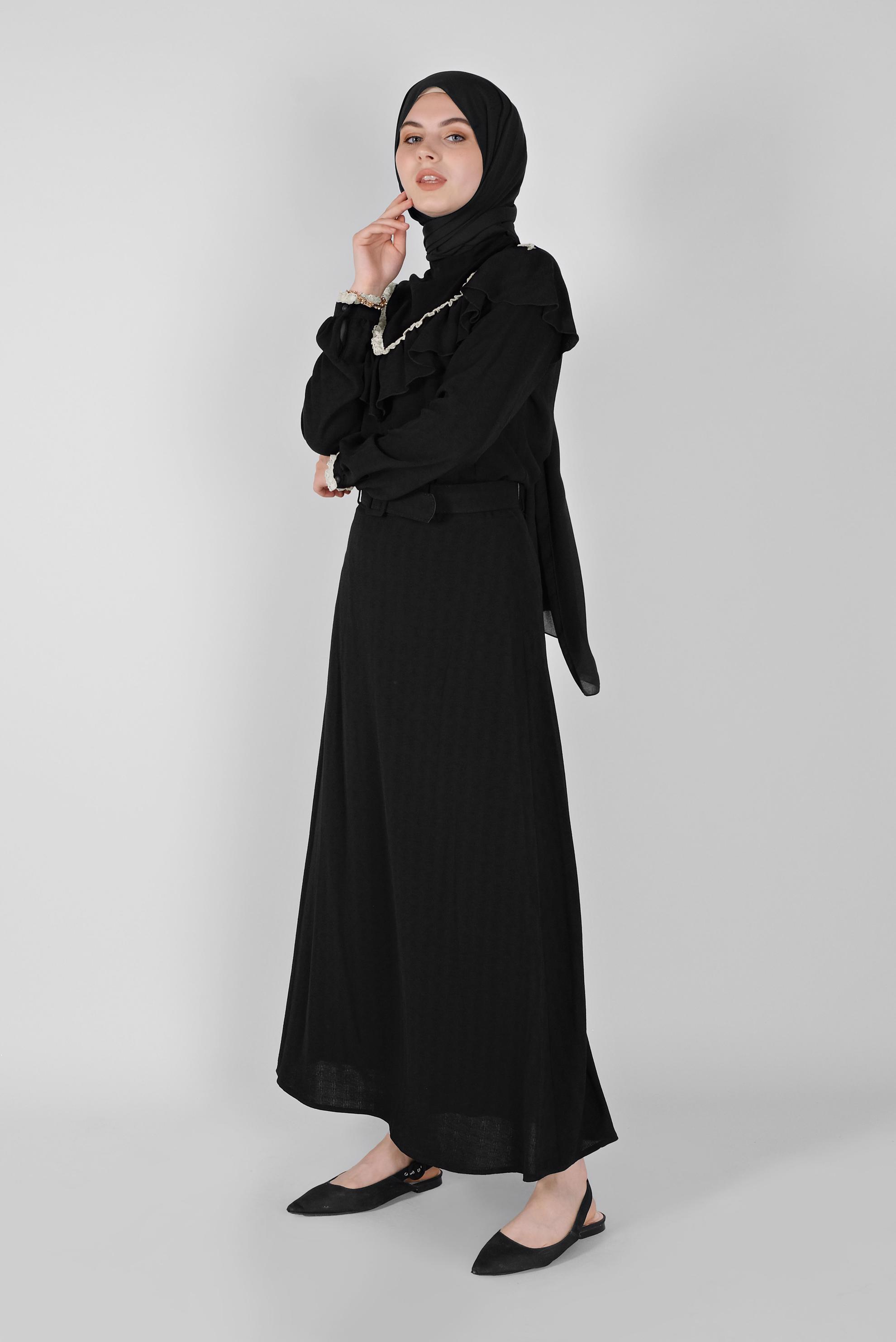 Tesettür giyim SİYAH FIRFIRLI KEMERLİ ETEKLİ TAKIM 40811