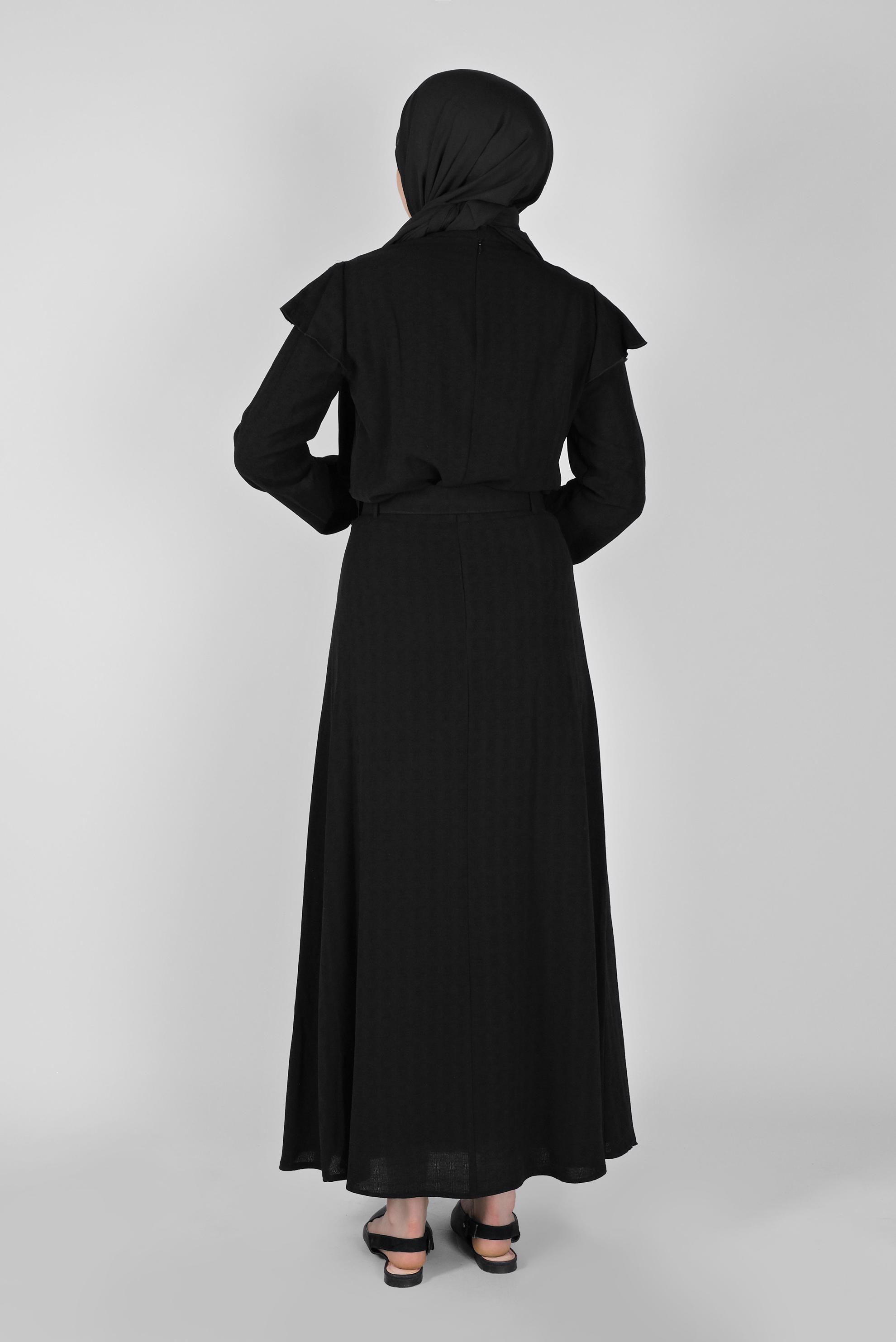 Tesettür giyim SİYAH FIRFIRLI KEMERLİ ETEKLİ TAKIM 40811