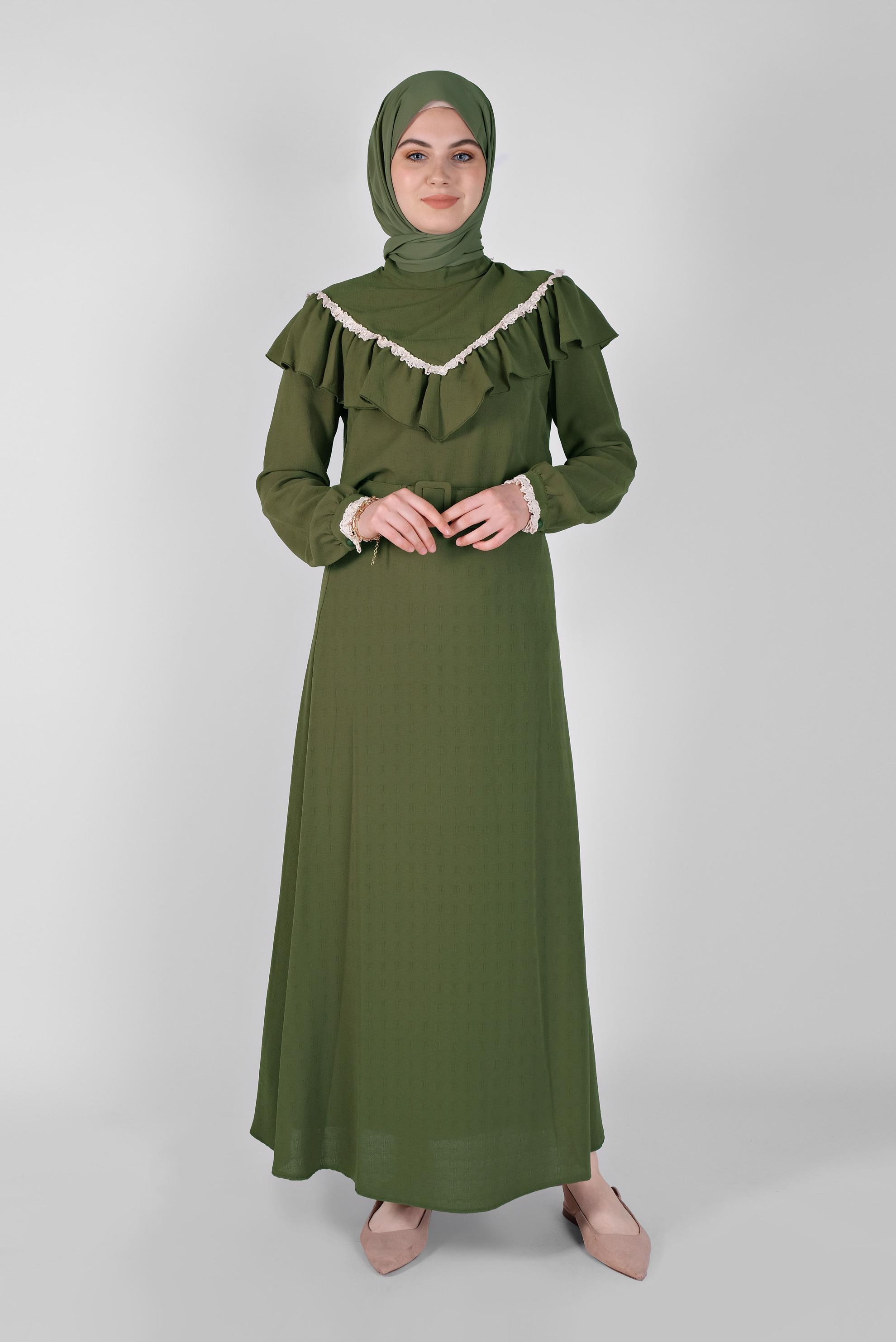 Tesettür giyim HAKİ FIRFIRLI KEMERLİ ETEKLİ TAKIM 40811