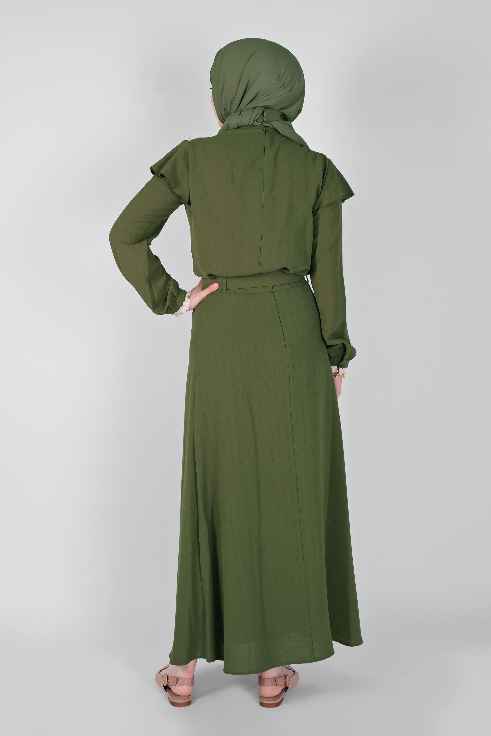 Tesettür giyim HAKİ FIRFIRLI KEMERLİ ETEKLİ TAKIM 40811