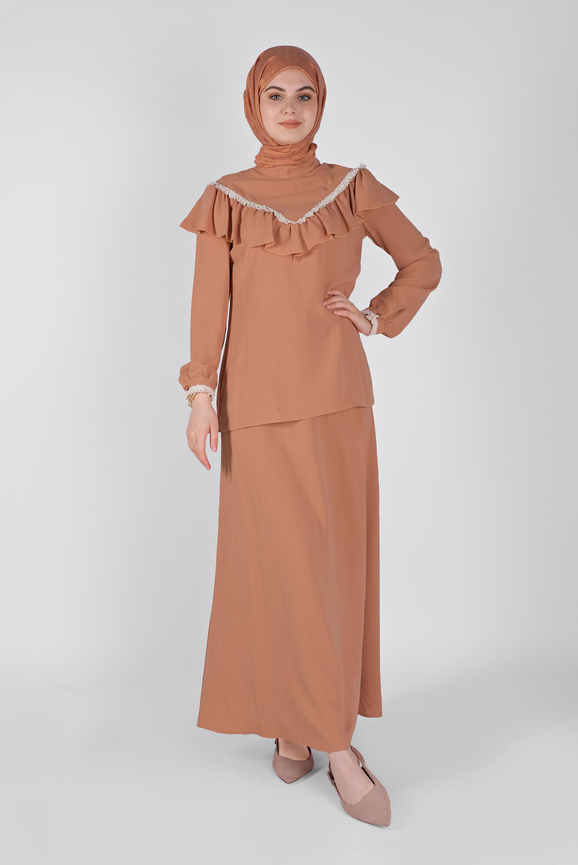 Tesettür giyim PEMBE FIRFIRLI KEMERLİ ETEKLİ TAKIM 40811